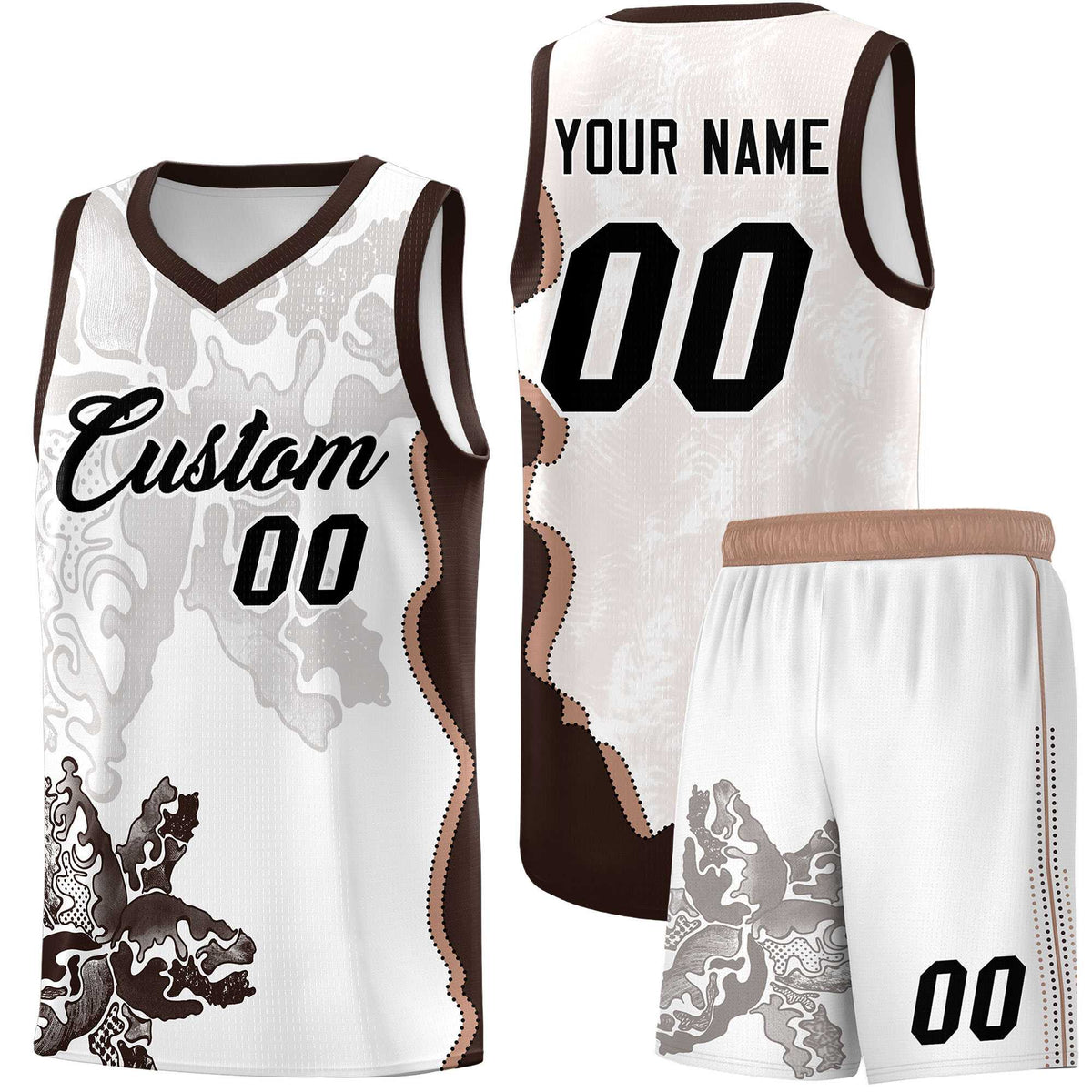 Custom White Brown Basketball Jersey - Illusion Flower Graffiti Quick dry Fabric