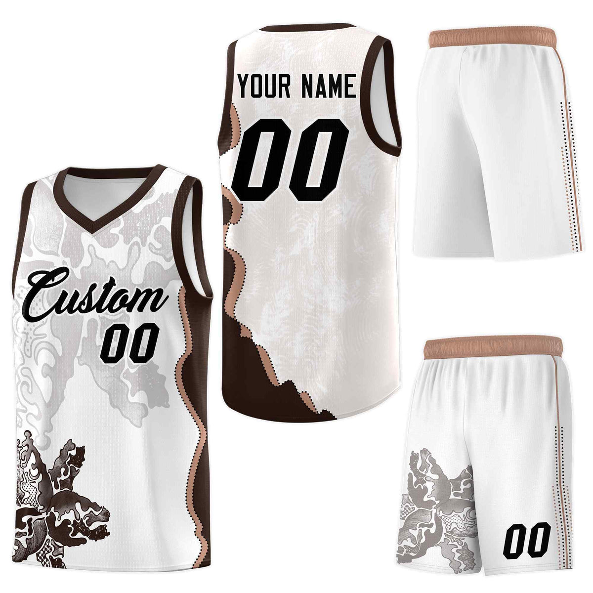 Custom White Brown Basketball Jersey - Illusion Flower Graffiti Sublimation Printing