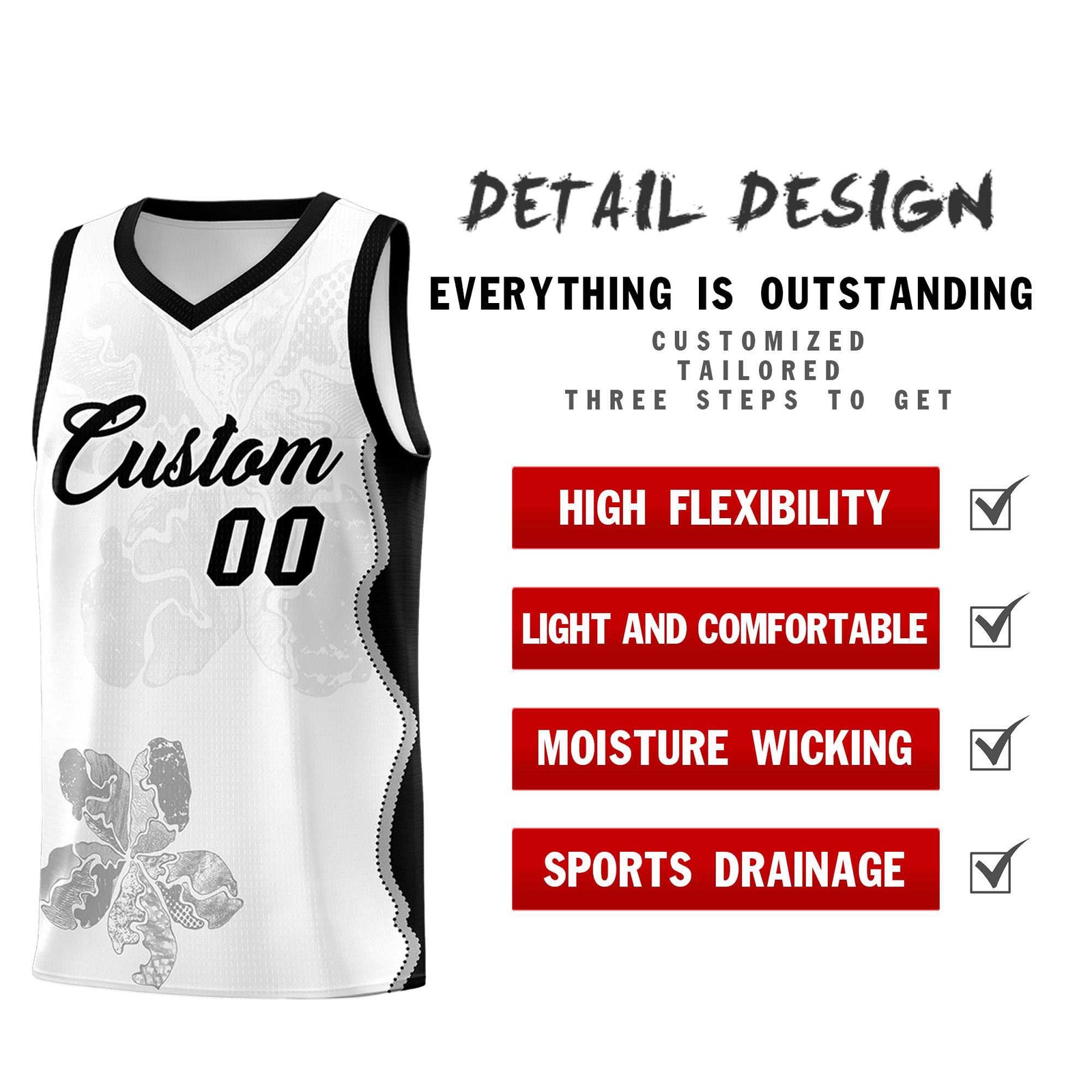 Custom White Black Basketball Jersey - Illusion Flower Graffiti Stylish Fabric