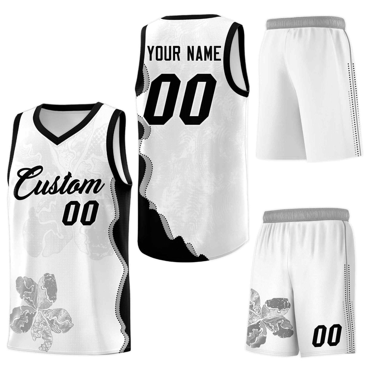 Custom White Black Basketball Jersey - Illusion Flower Graffiti Stretch Fabric