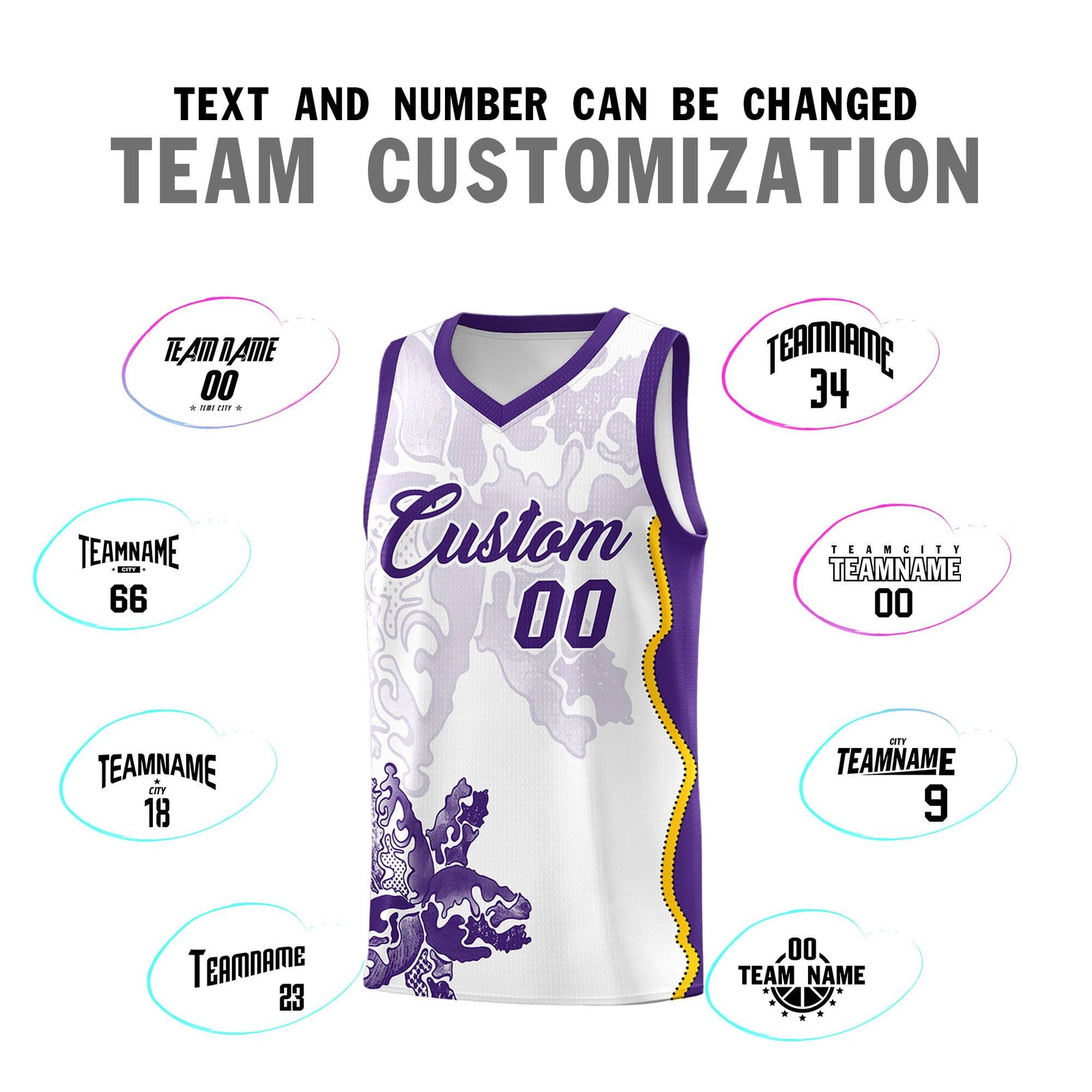 Custom White Purple Basketball Jersey - Illusion Flower Graffiti Moisture-wicking Fabric