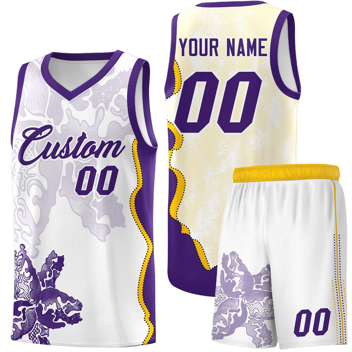 Custom White Purple Basketball Jersey - Illusion Flower Graffiti Moisture-wicking Fabric