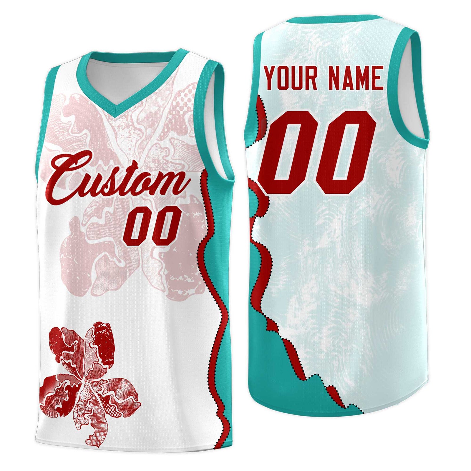 Custom White Aqua Basketball Jersey - Illusion Flower Graffiti Breathable mesh Fabric
