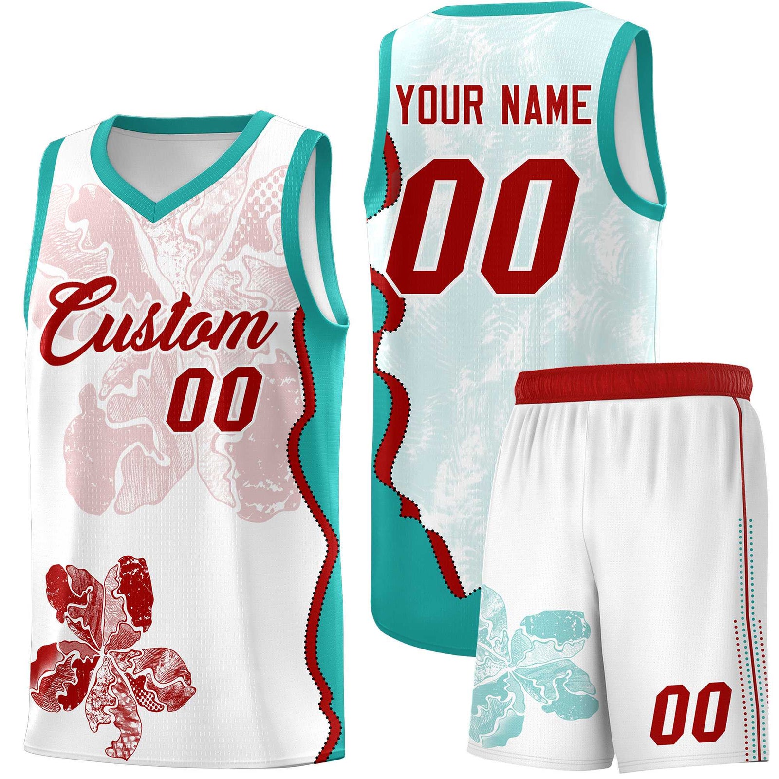 Custom White Aqua Basketball Jersey - Illusion Flower Graffiti Breathable mesh Fabric