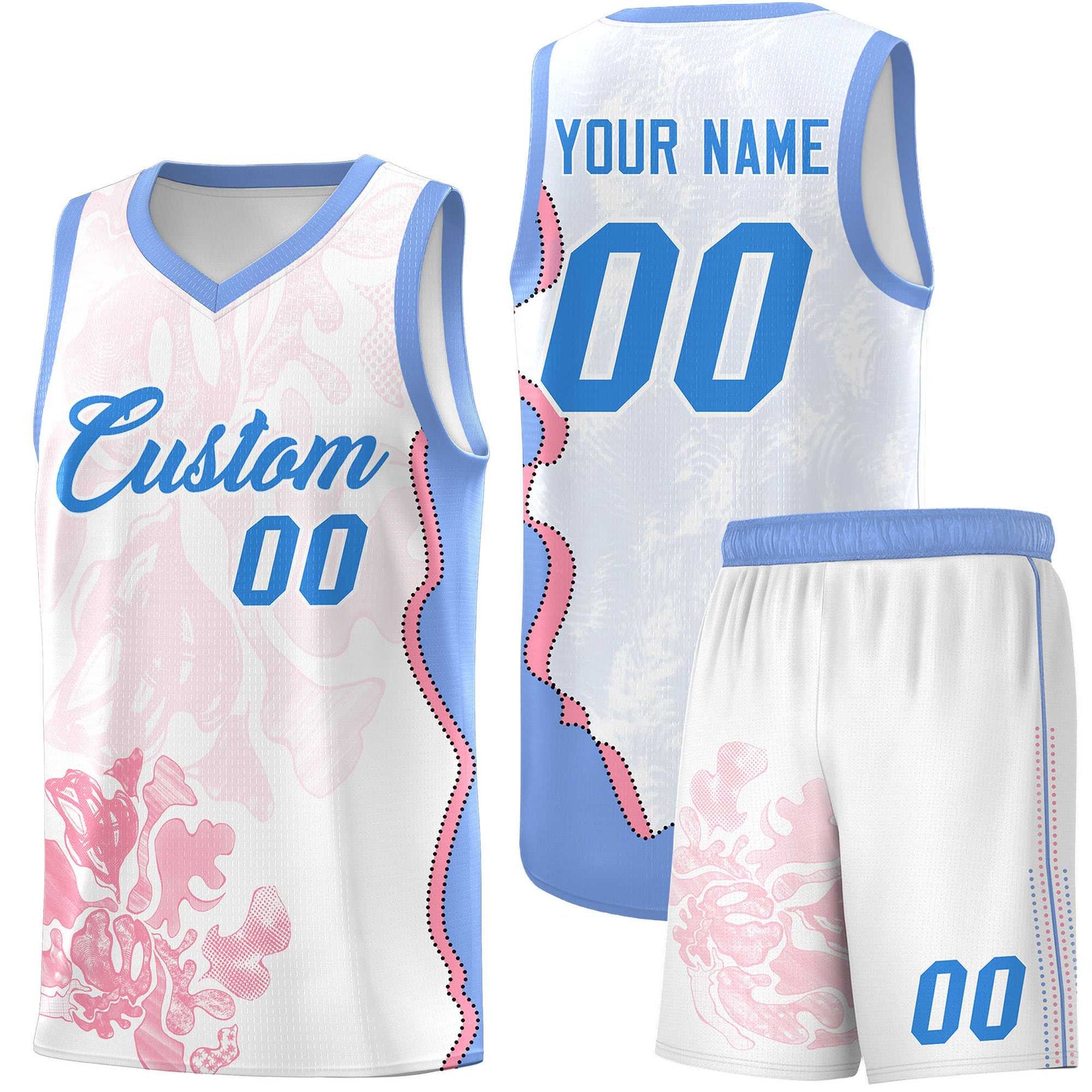 Custom White Light Blue Basketball Jersey - Illusion Flower Graffiti Durable Fabric