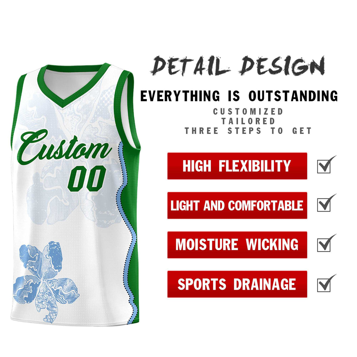 Custom White Kelly Green Basketball Jersey - Illusion Flower Graffiti Moisture wicking Fabric