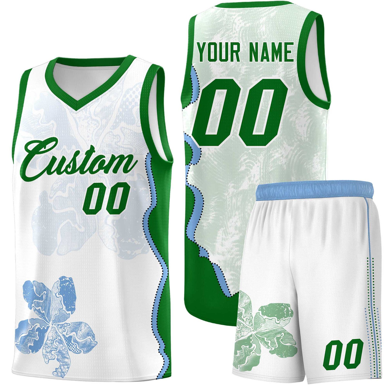 Custom White Kelly Green Basketball Jersey - Illusion Flower Graffiti Moisture wicking Fabric
