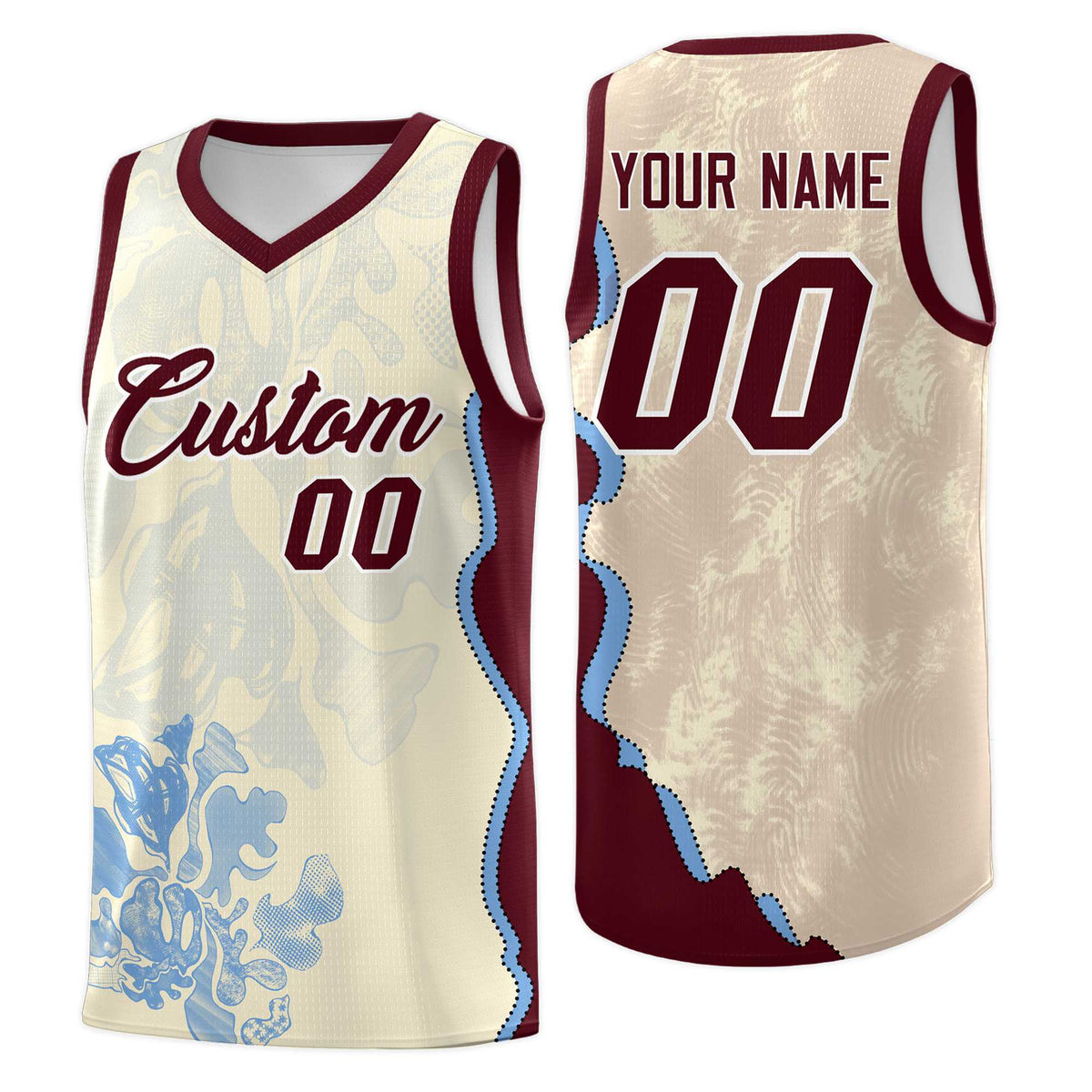 Custom Cream Burgundy Basketball Jersey - Illusion Flower Graffiti Lightweight Fabric