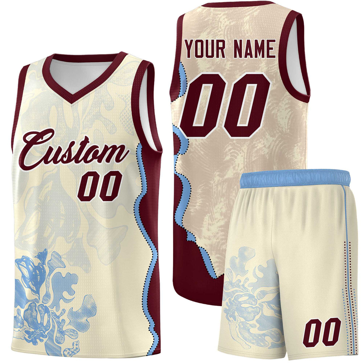 Custom Cream Burgundy Basketball Jersey - Illusion Flower Graffiti Lightweight Fabric