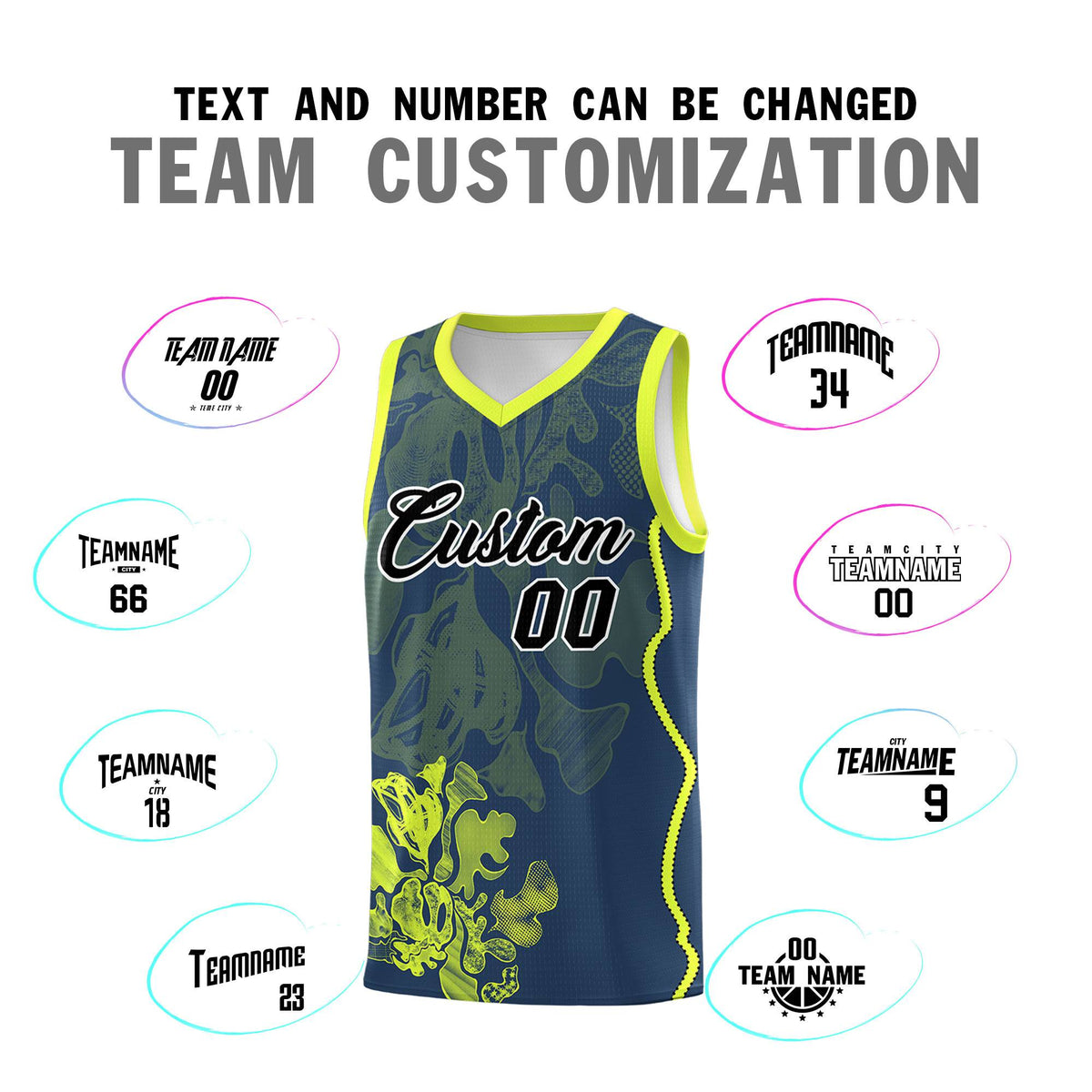 Custom Midnight Blue Fluorescent Green Basketball Jersey - Illusion Flower Graffiti Stylish Fabric