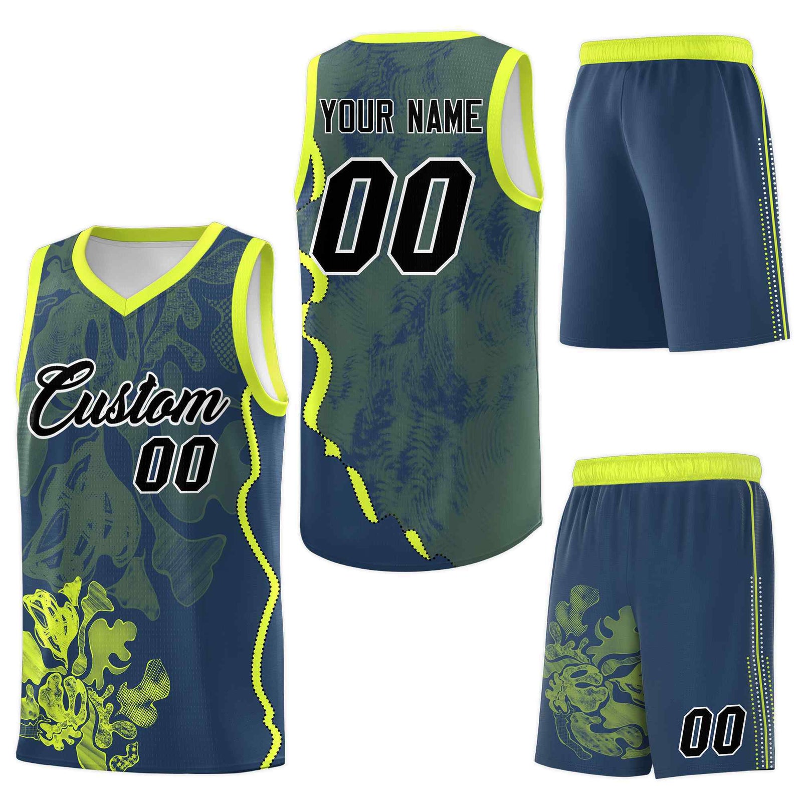 Custom Midnight Blue Fluorescent Green Basketball Jersey - Illusion Flower Graffiti Wrinkle-Resistant
