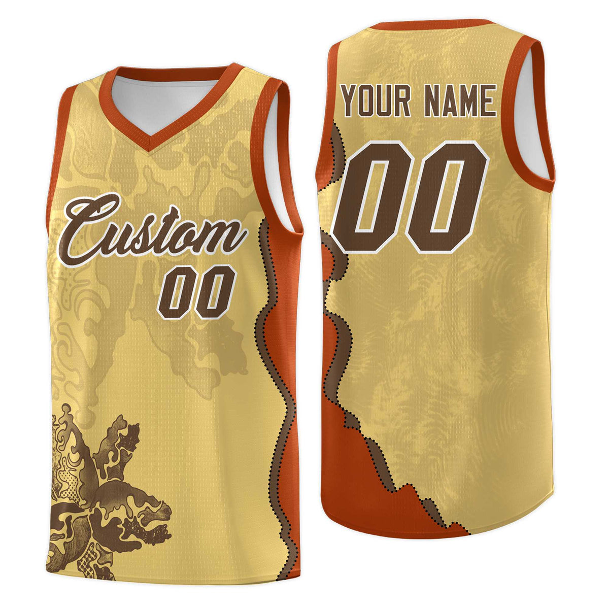 Custom Khaki Dark Orange Basketball Jersey - Illusion Flower Graffiti Unique Fabric