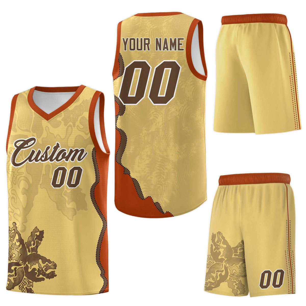 Custom Khaki Dark Orange Basketball Jersey - Illusion Flower Graffiti Breathable