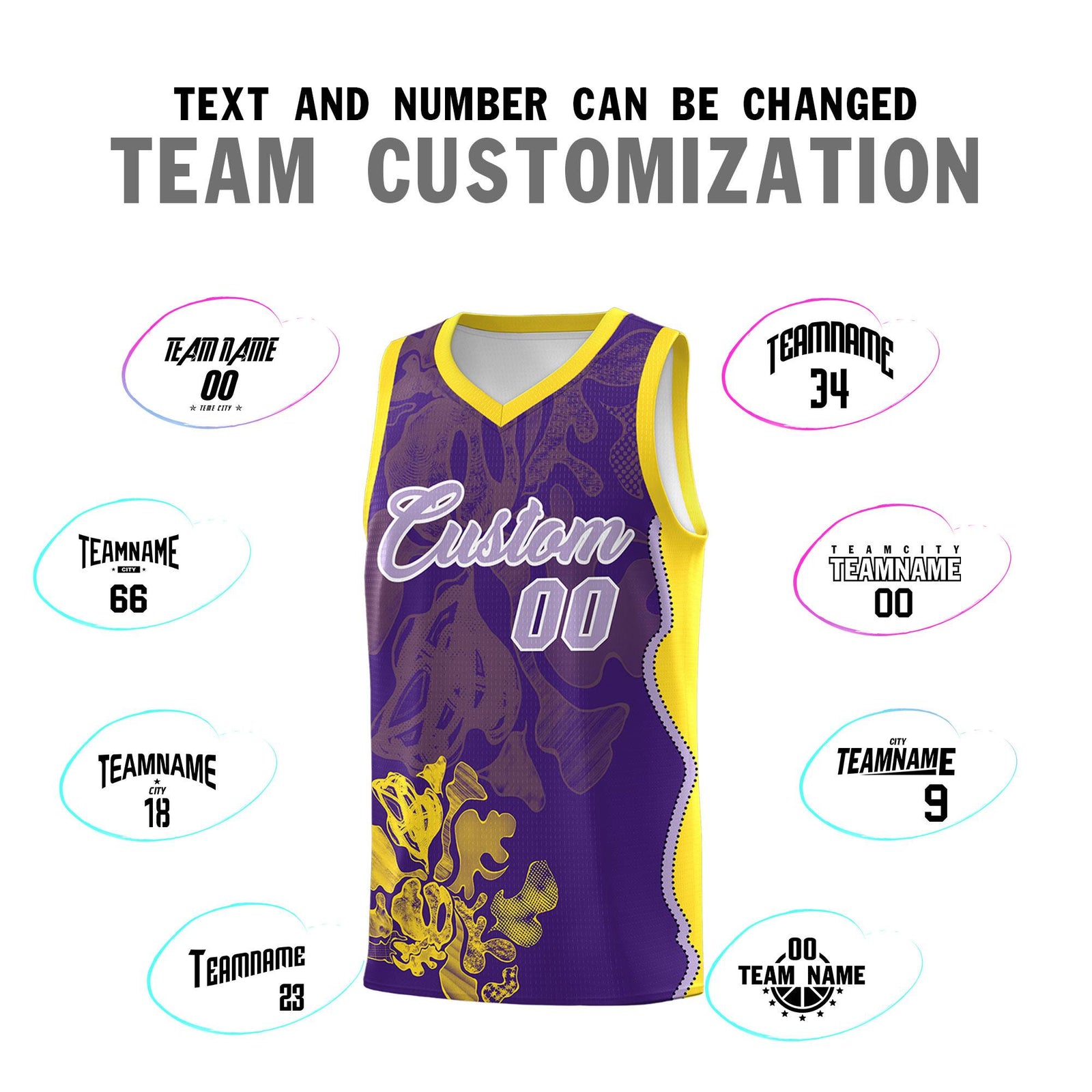 Custom Purple Gold Basketball Jersey - Illusion Flower Graffiti Breathable mesh Fabric