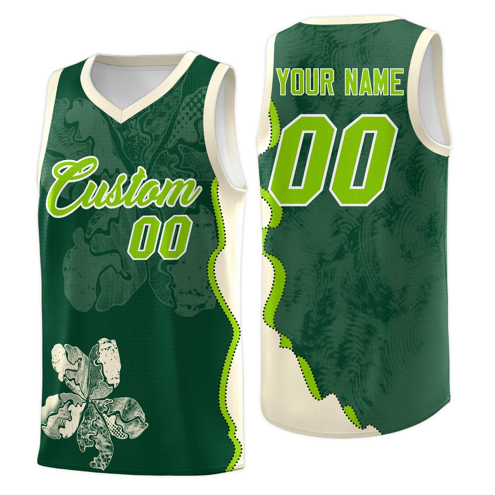 Custom Green Cream Basketball Jersey - Illusion Flower Graffiti Breathable Fabric