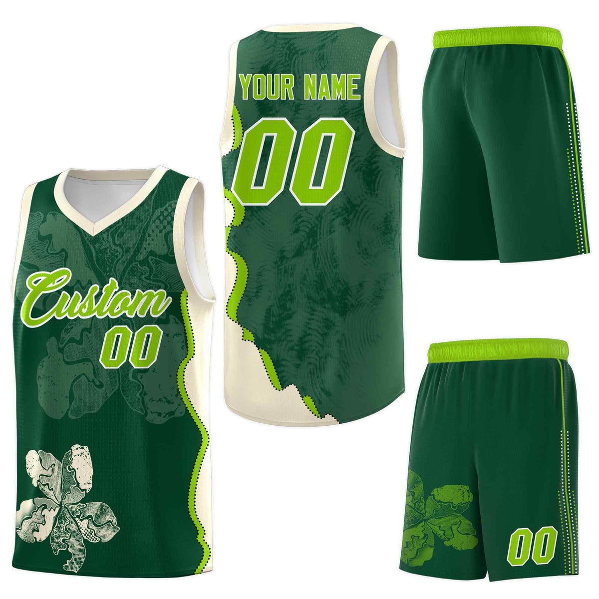 Custom Green Cream Basketball Jersey - Illusion Flower Graffiti Sublimation Printing