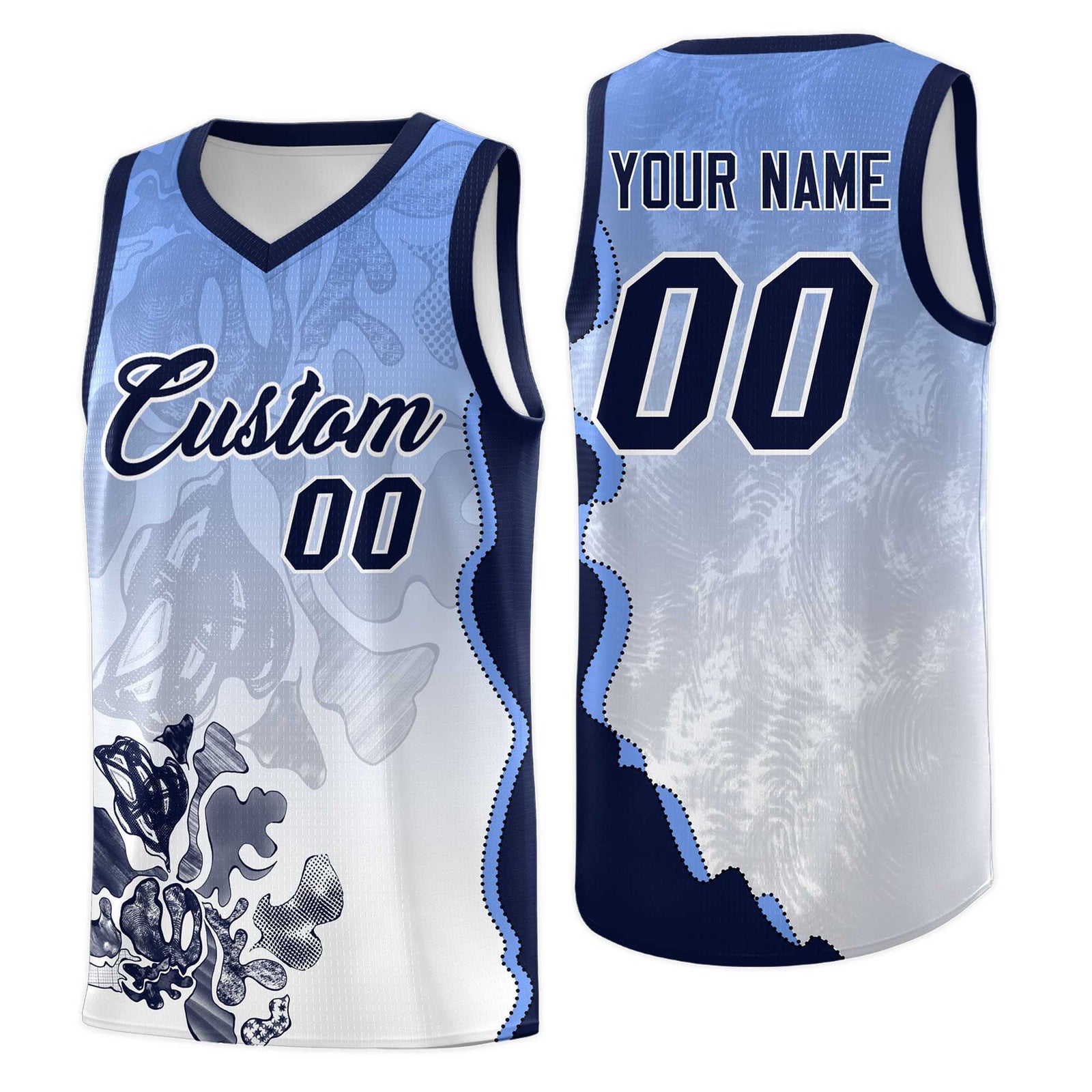 Custom White Navy Basketball Jersey - Illusion Flower Gradient Moisture wicking Fabric