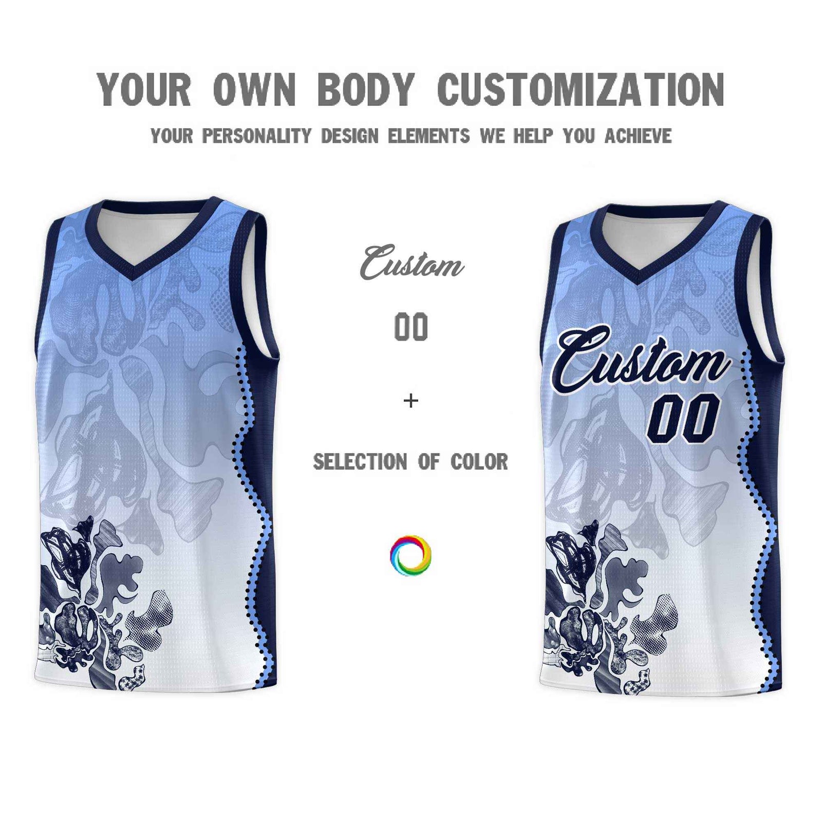 Custom White Navy Basketball Jersey - Illusion Flower Gradient Moisture wicking Fabric