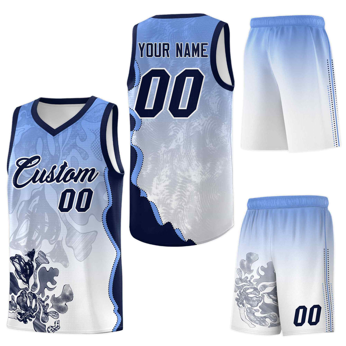 Custom White Navy Basketball Jersey - Illusion Flower Gradient Stretch Fabric