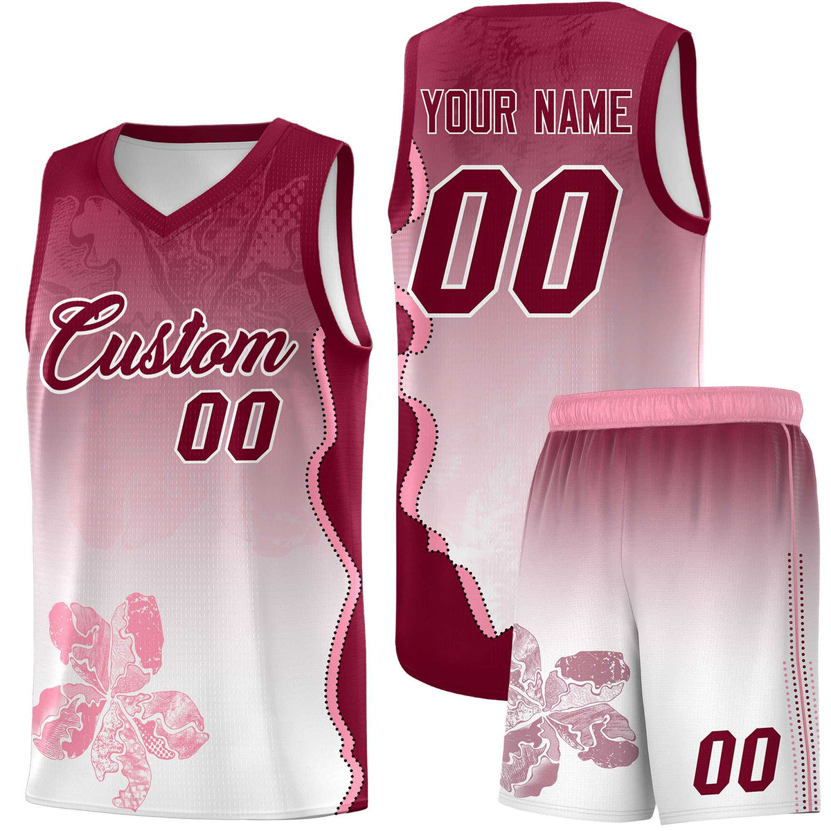 Custom White Crimson Basketball Jersey - Illusion Flower Gradient Stretchy Fabric