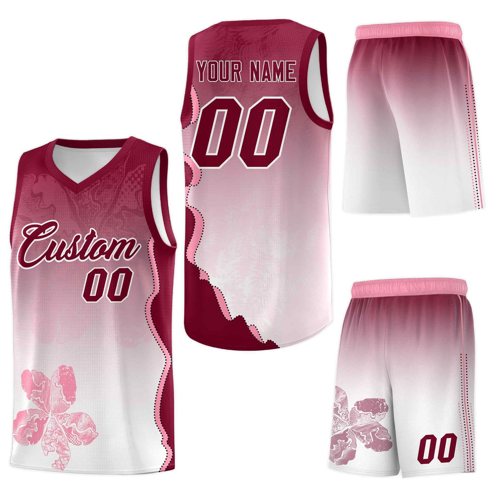Custom White Crimson Basketball Jersey - Illusion Flower Gradient Wrinkle-Resistant