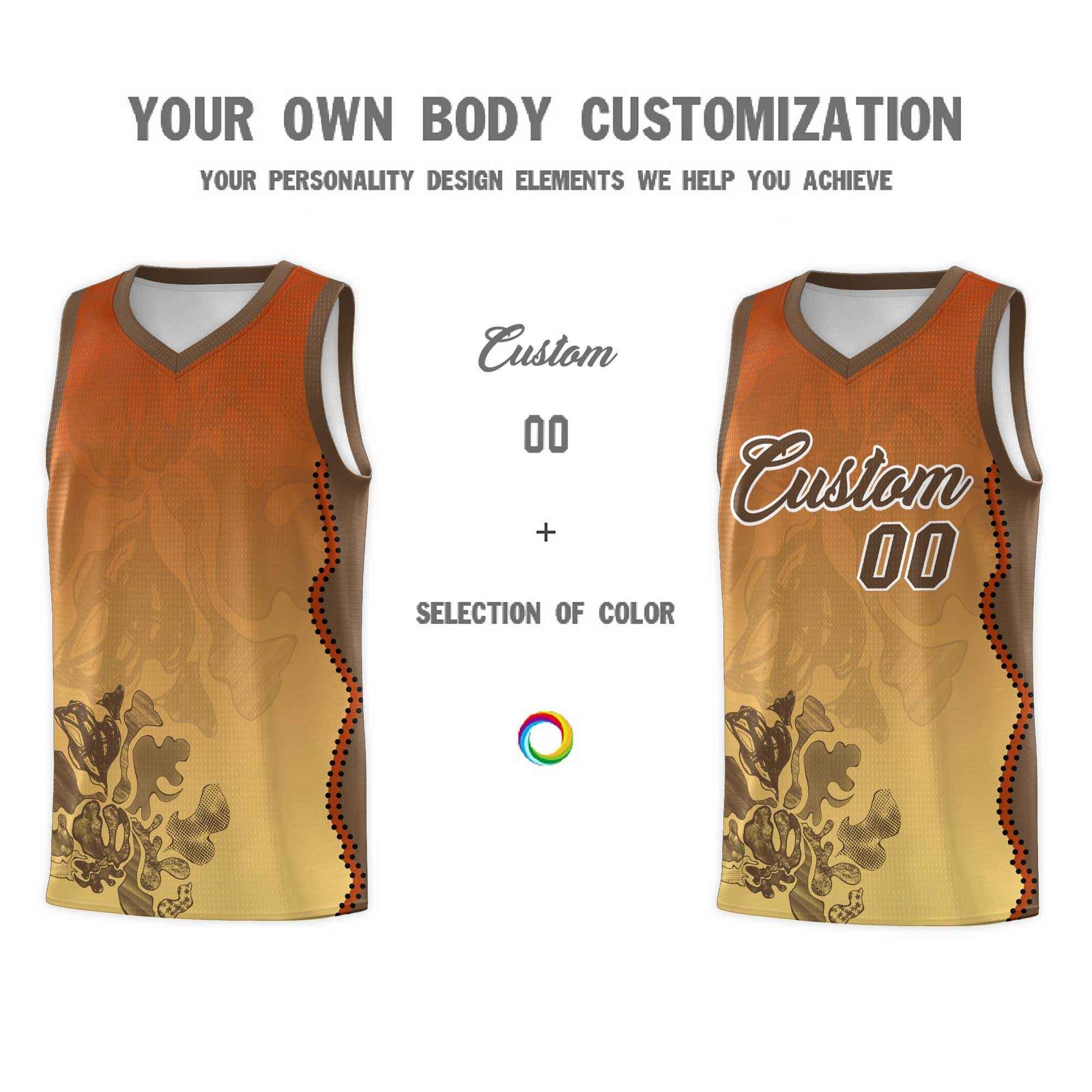 Custom Khaki Dark Orange Basketball Jersey - Illusion Flower Gradient Quick dry Fabric