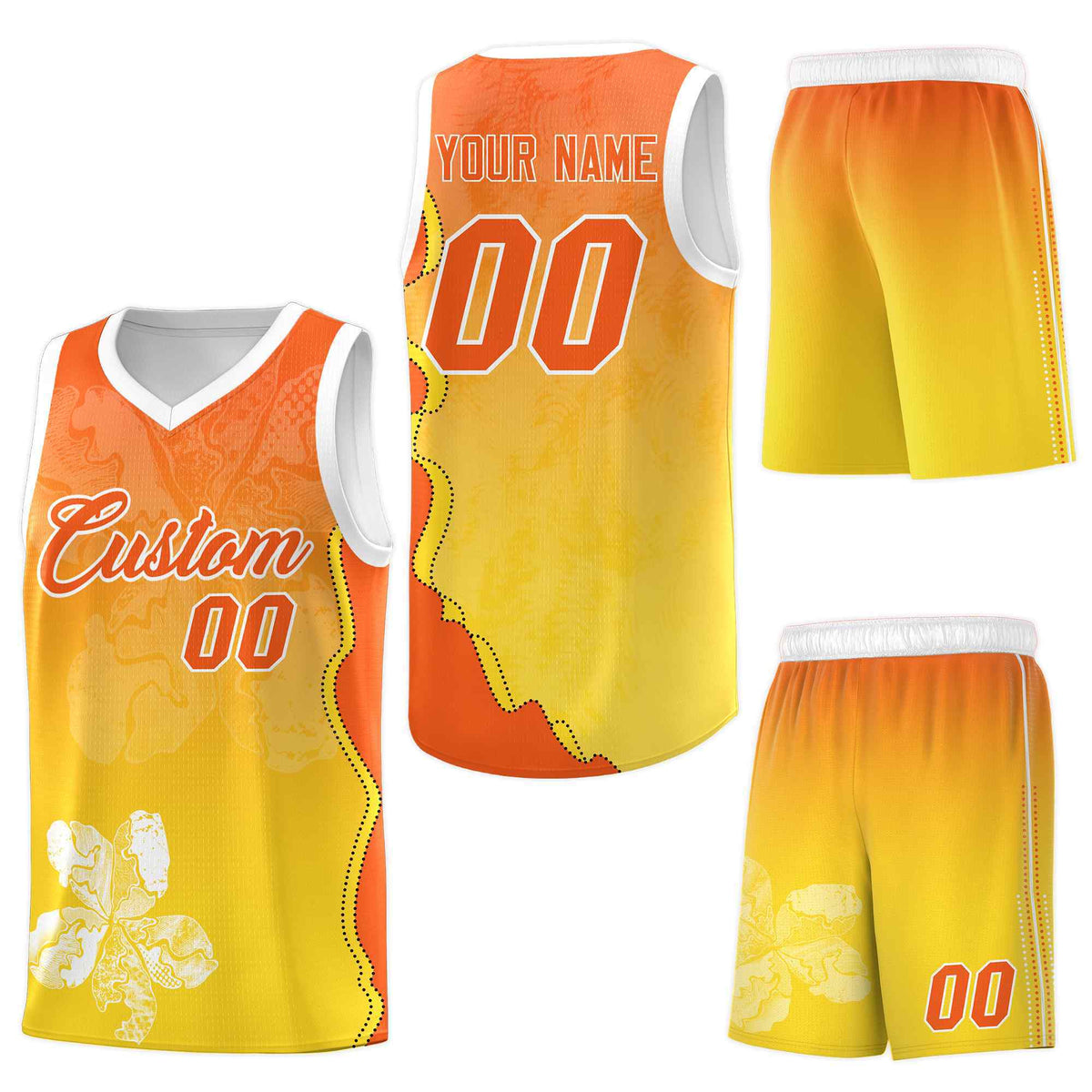 Custom Gold Orange Basketball Jersey - Illusion Flower Gradient Quick-Drying