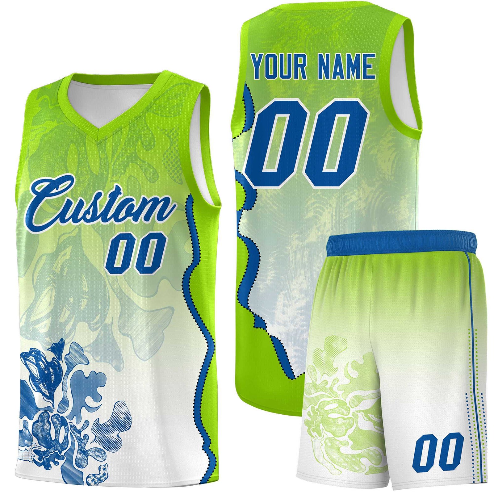 Custom Neon Green Royal Basketball Jersey - Illusion Flower Gradient Moisture-wicking Fabric