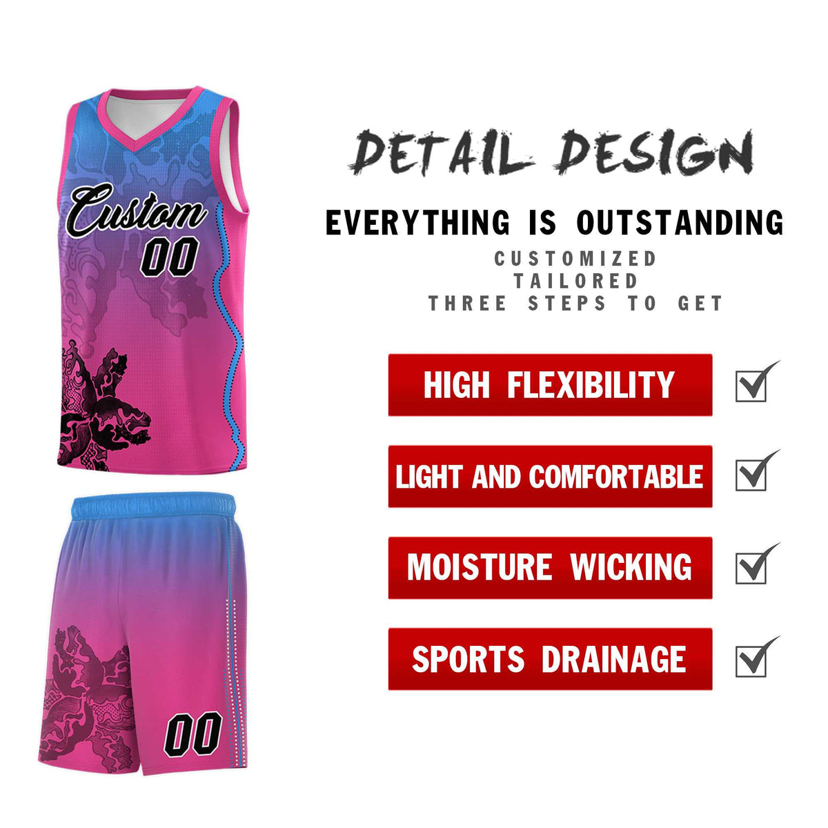 Custom Pink Light Blue Basketball Jersey - Illusion Flower Gradient Breathable mesh Fabric