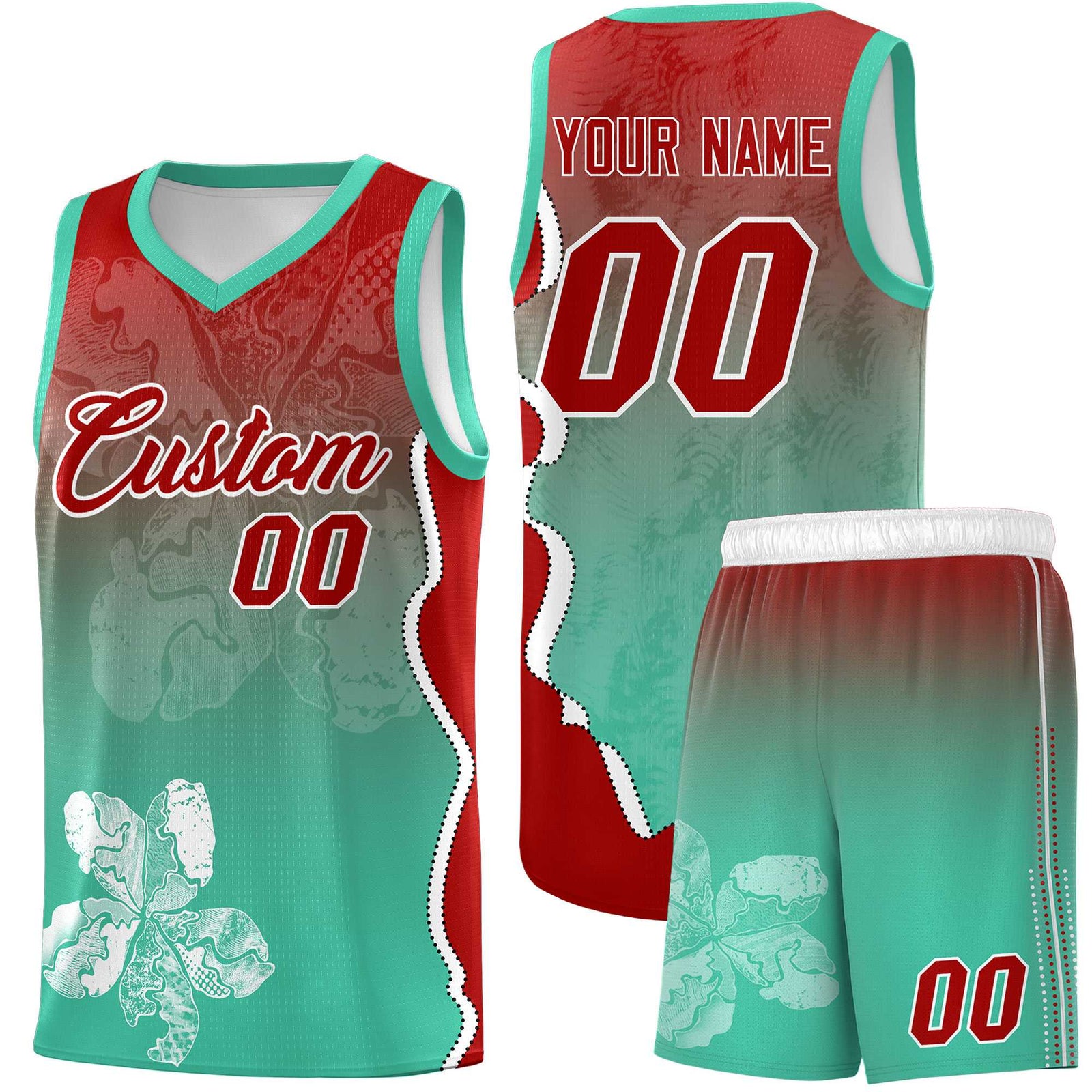 Custom Bright Green Red Basketball Jersey - Illusion Flower Gradient Durable Fabric