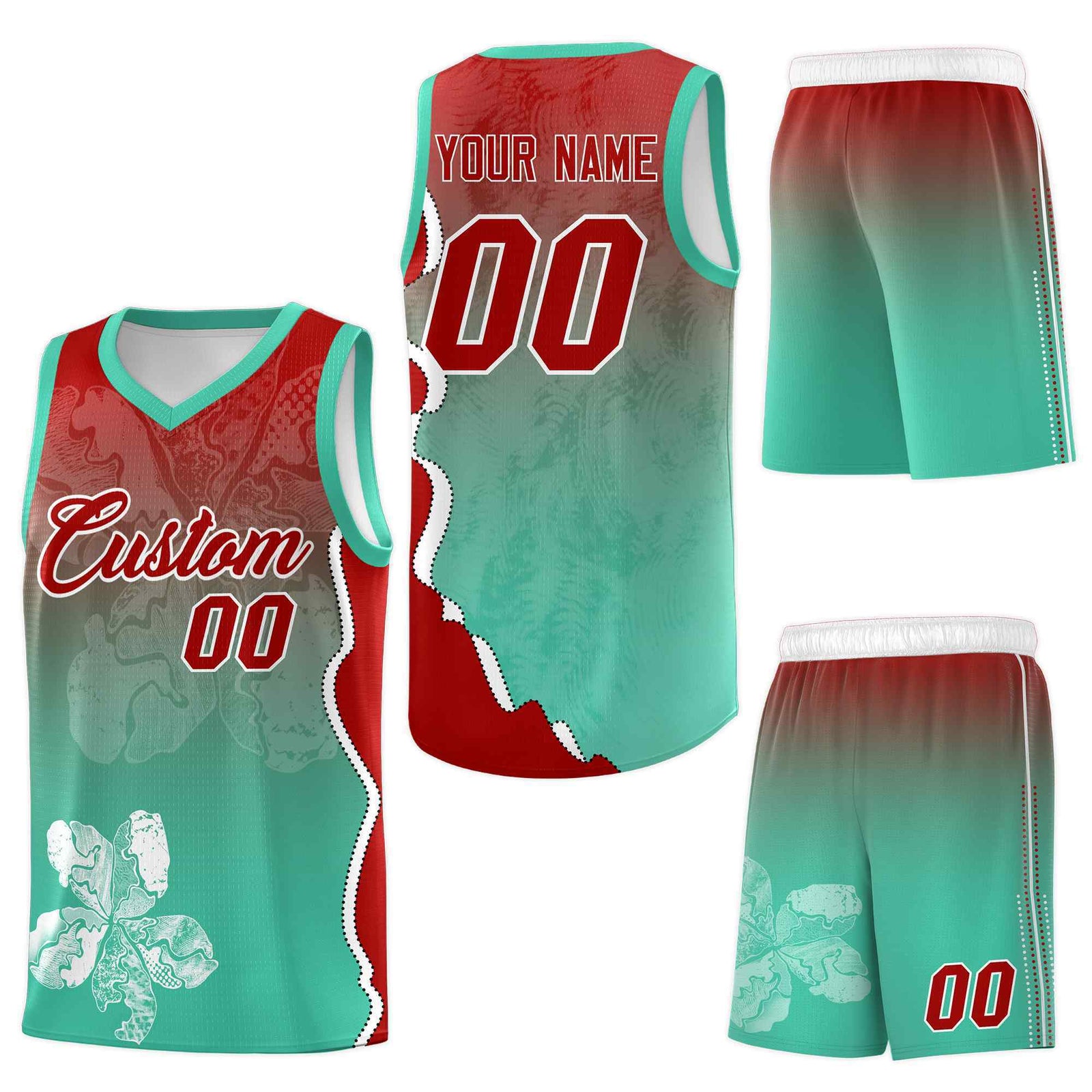 Custom Bright Green Red Basketball Jersey - Illusion Flower Gradient Stretch Fabric
