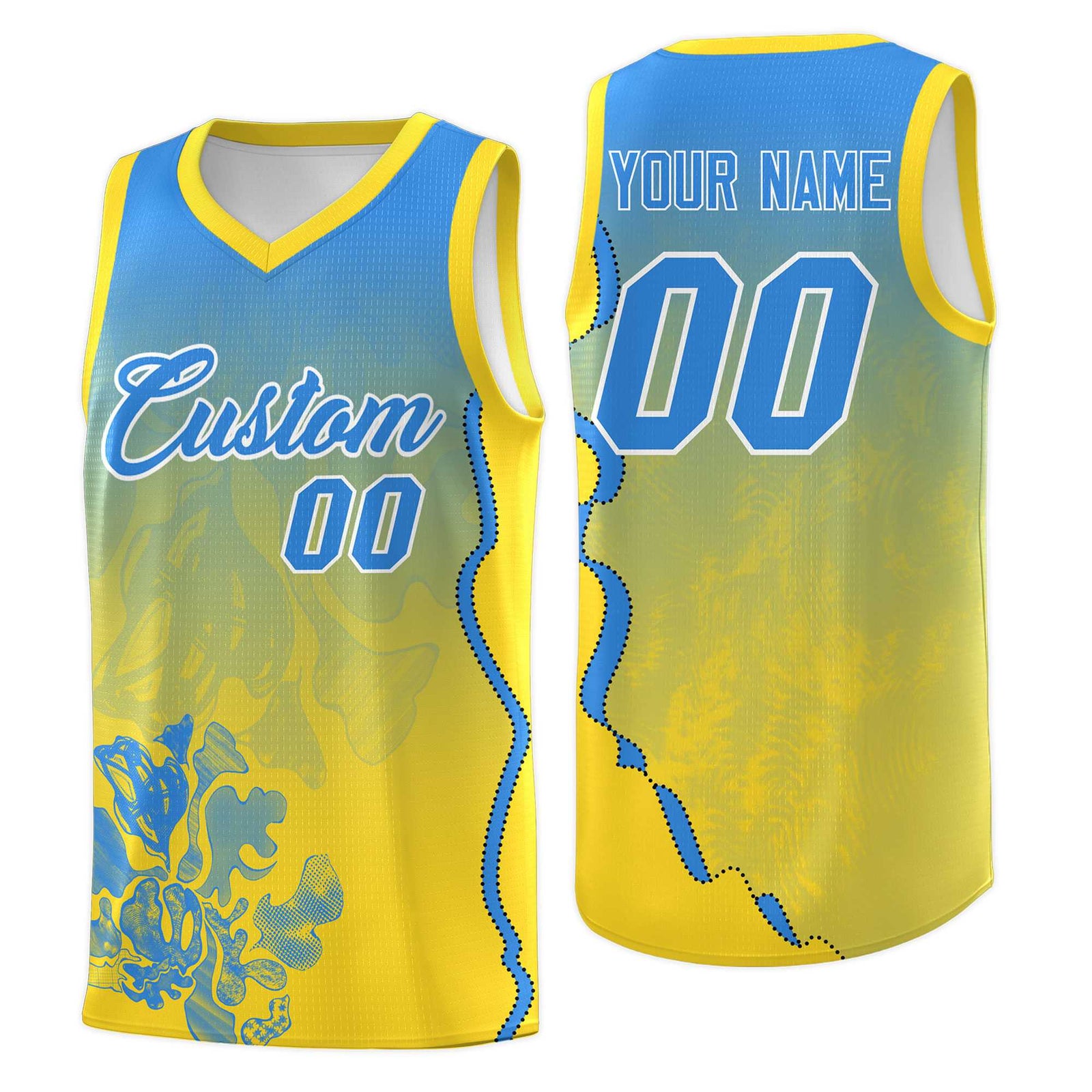 Custom Gold Light Blue Basketball Jersey - Illusion Flower Gradient Breathable Fabric