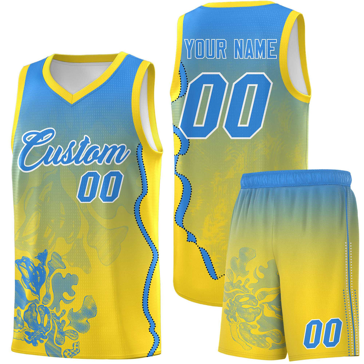 Custom Gold Light Blue Basketball Jersey - Illusion Flower Gradient Breathable Fabric