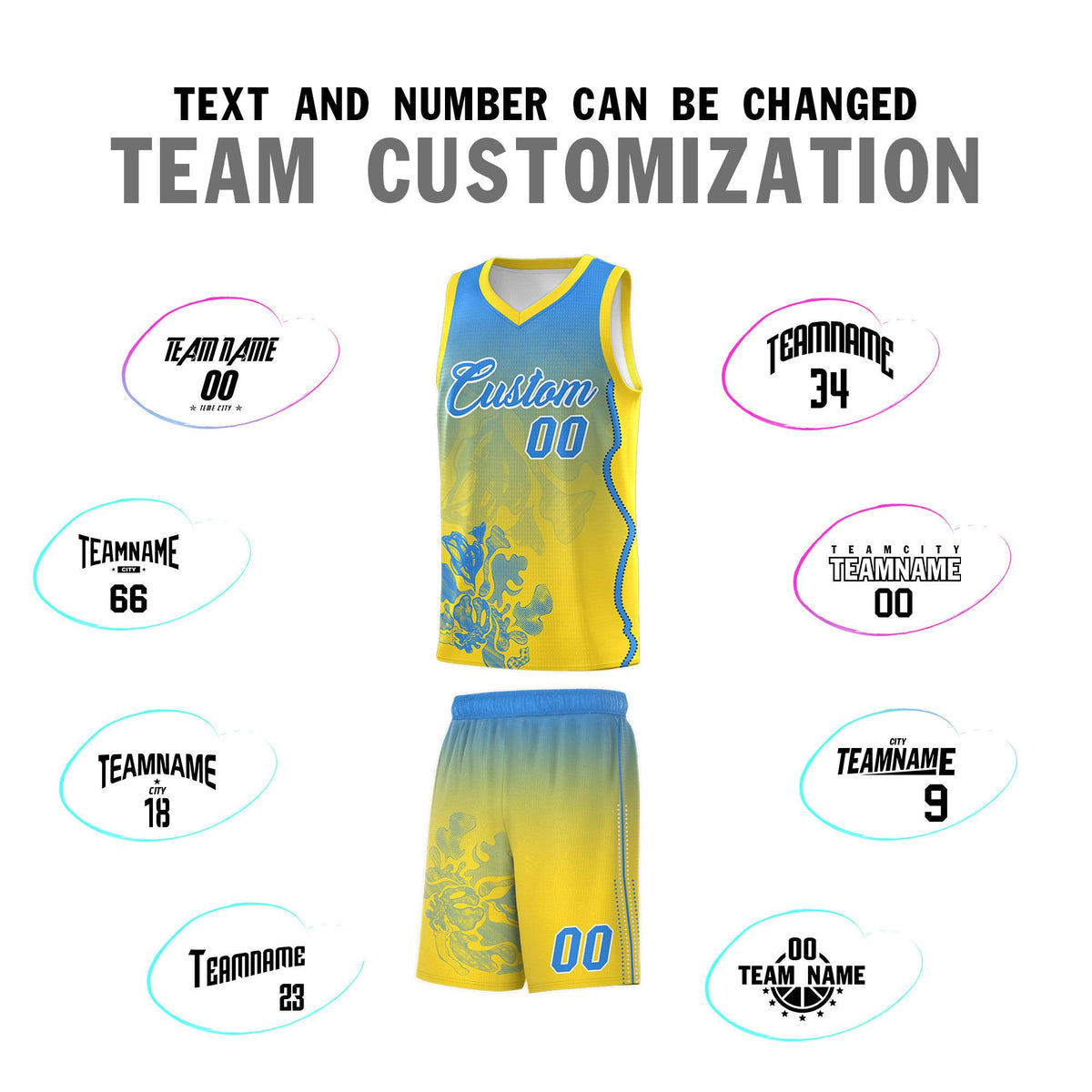 Custom Gold Light Blue Basketball Jersey - Illusion Flower Gradient Breathable Fabric