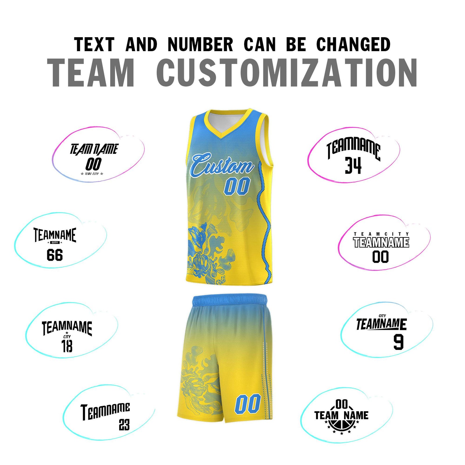 Custom Gold Light Blue Basketball Jersey - Illusion Flower Gradient Breathable Fabric