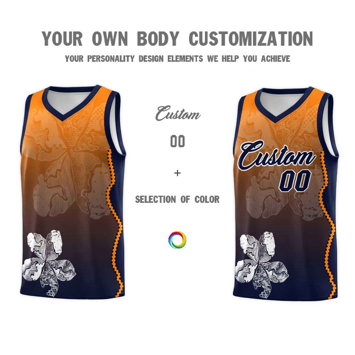 Custom Navy Orange Basketball Jersey - Illusion Flower Gradient Lightweight Fabric