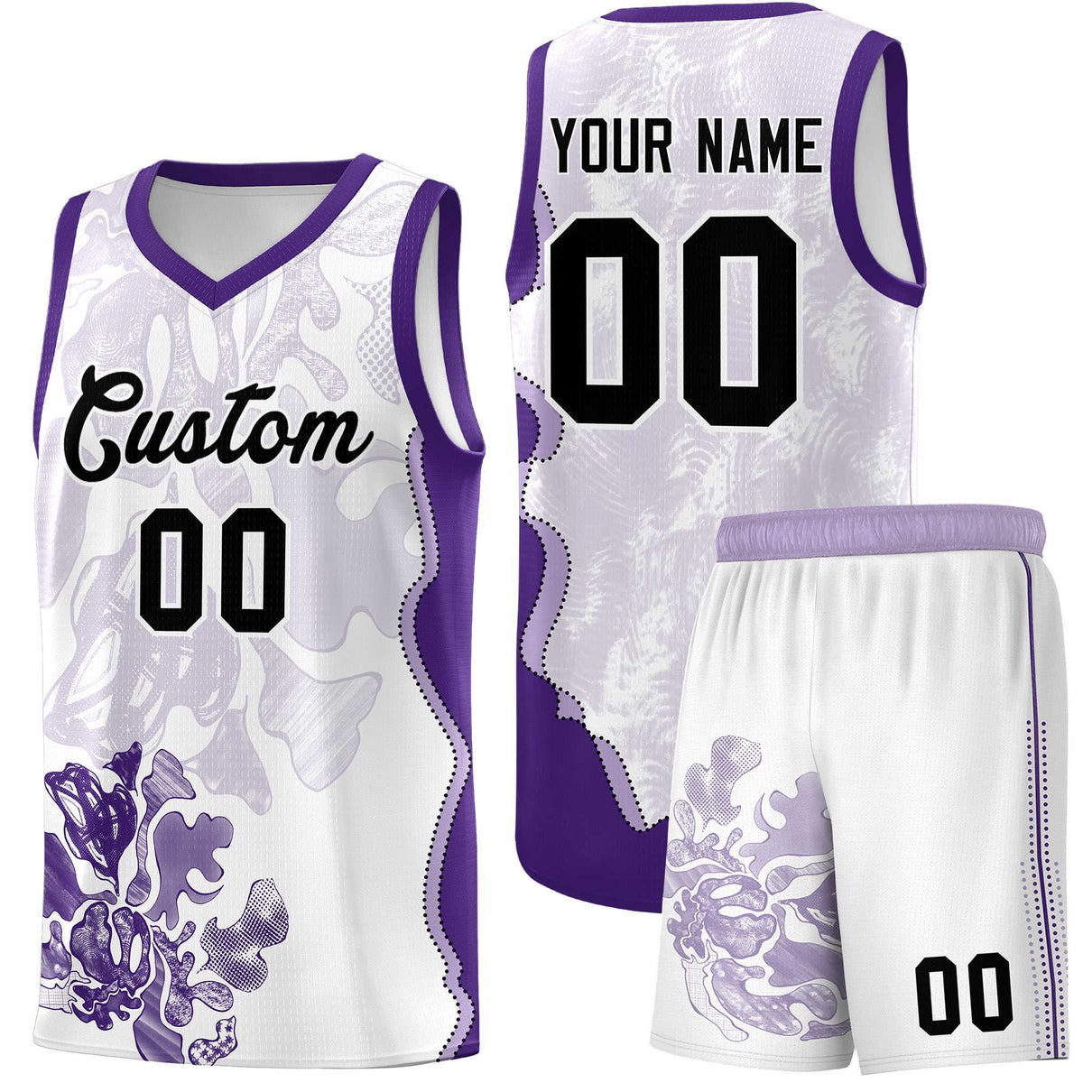 Custom White Purple Basketball Jersey - Illusion Flower Graffiti Moisture-wicking Fabric