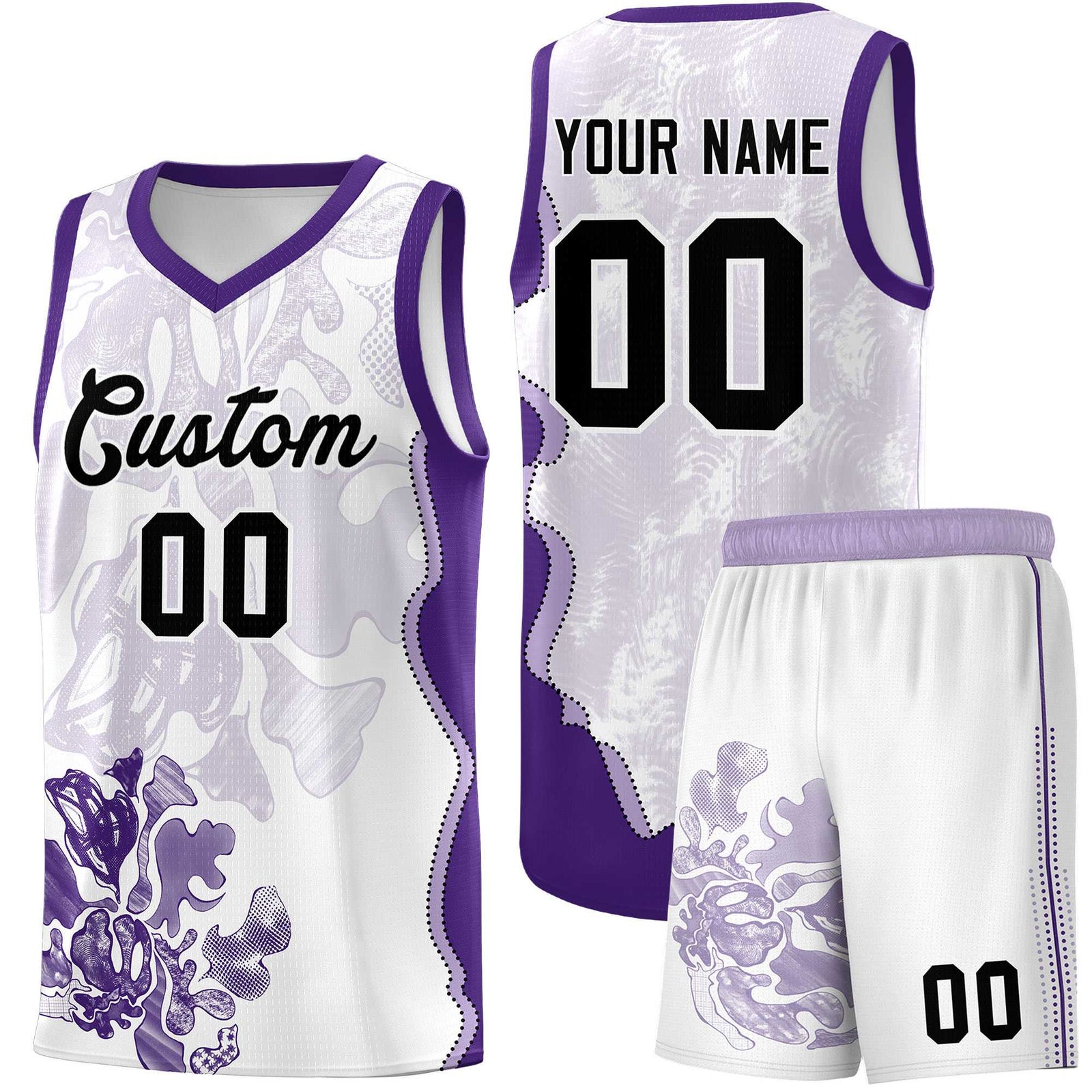 Custom White Purple Basketball Jersey - Illusion Flower Graffiti Moisture-wicking Fabric