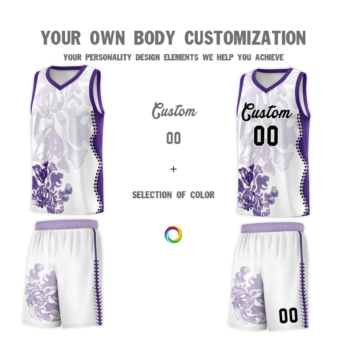 Custom White Purple Basketball Jersey - Illusion Flower Graffiti Moisture-wicking Fabric