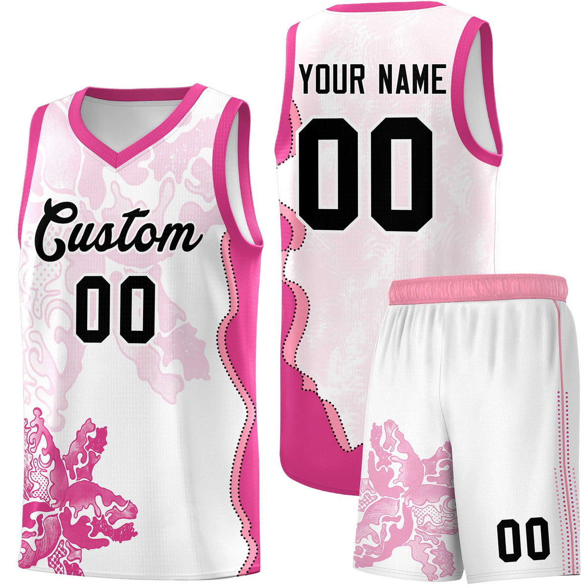 Custom White Pink Basketball Jersey - Illusion Flower Graffiti Breathable mesh Fabric