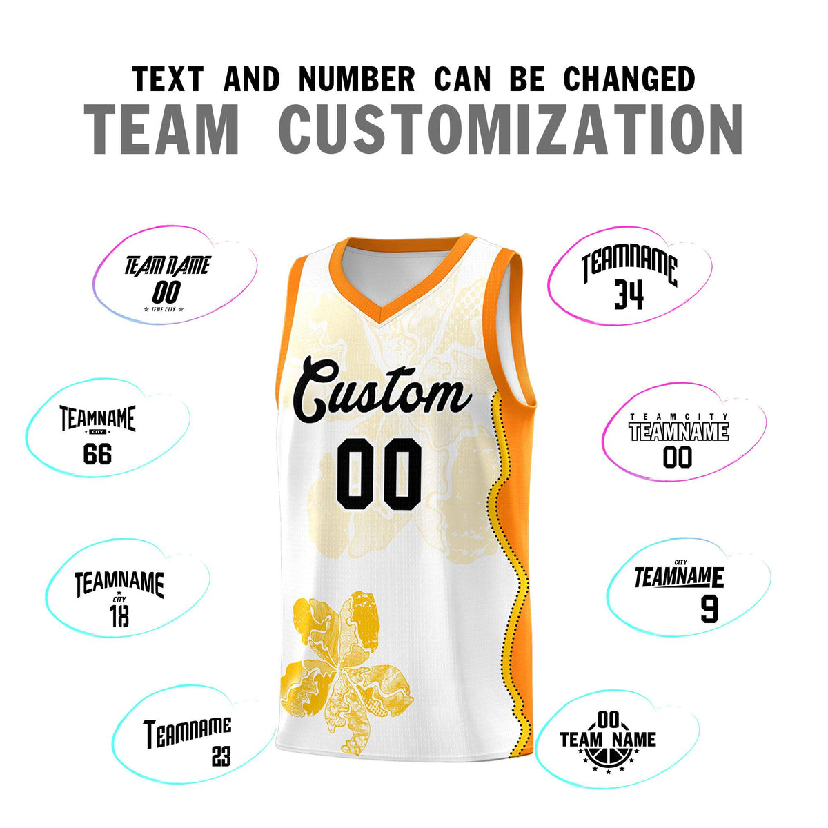 Custom White Orange Basketball Jersey - Illusion Flower Graffiti Durable Fabric