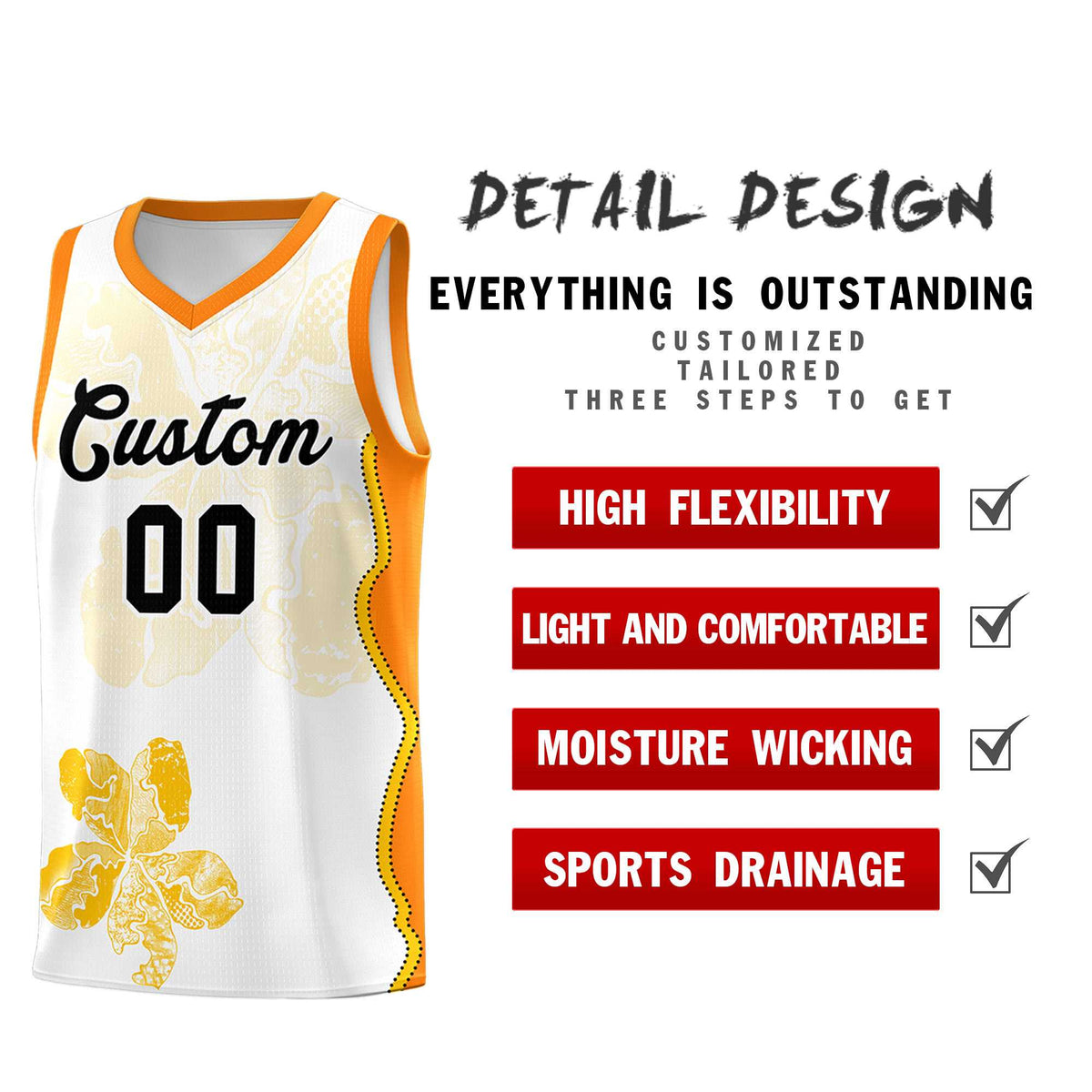 Custom White Orange Basketball Jersey - Illusion Flower Graffiti Durable Fabric