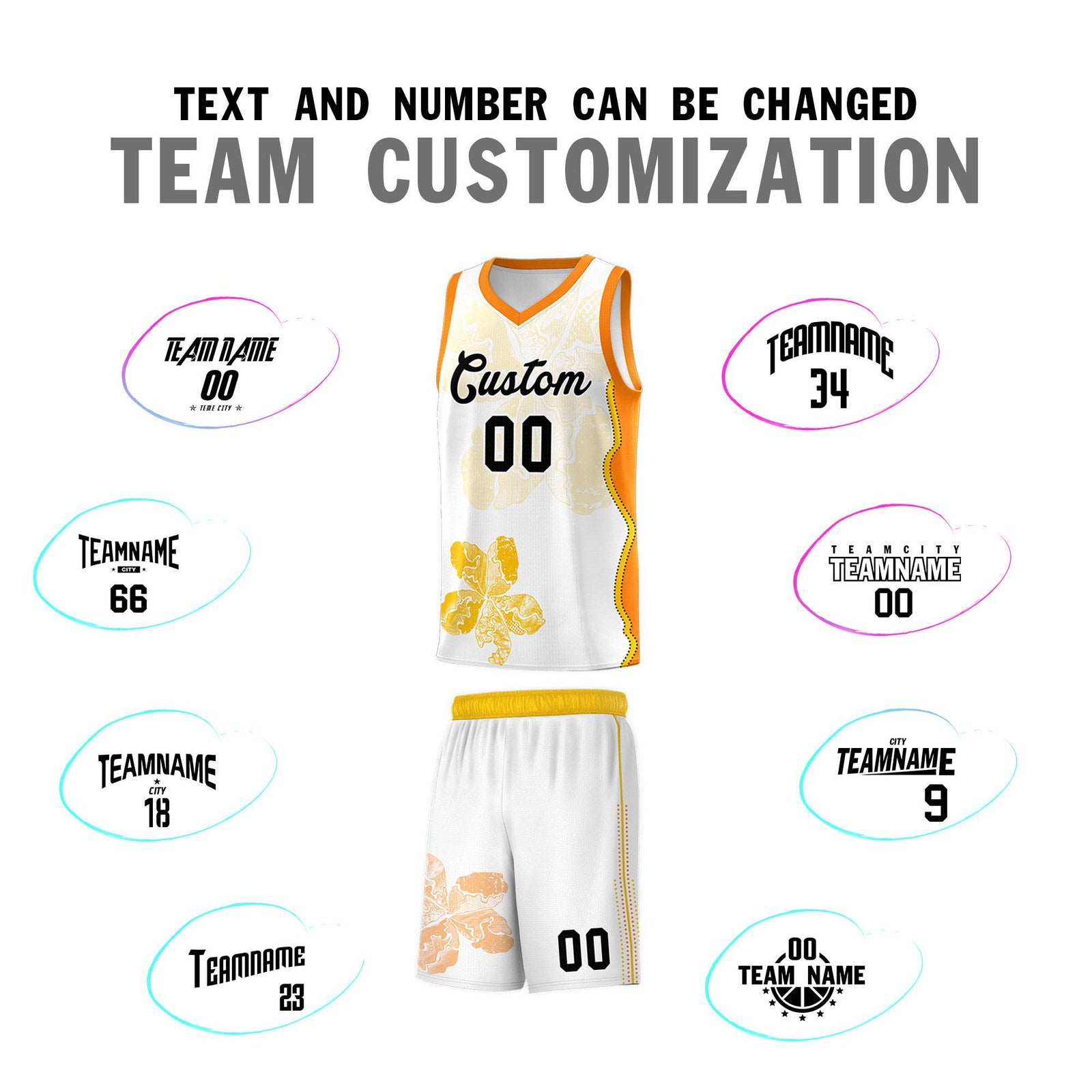 Custom White Orange Basketball Jersey - Illusion Flower Graffiti Durable Fabric