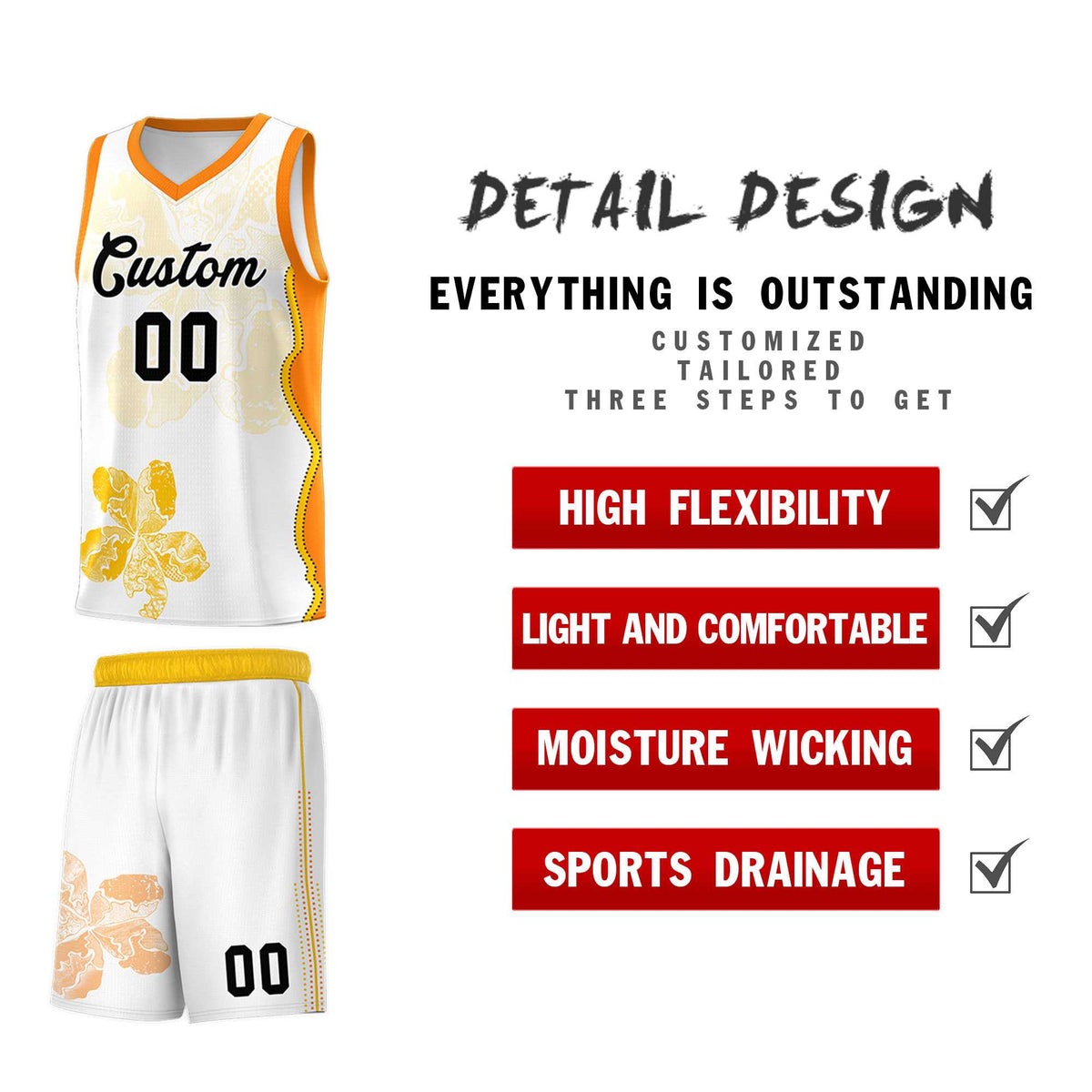 Custom White Orange Basketball Jersey - Illusion Flower Graffiti Durable Fabric