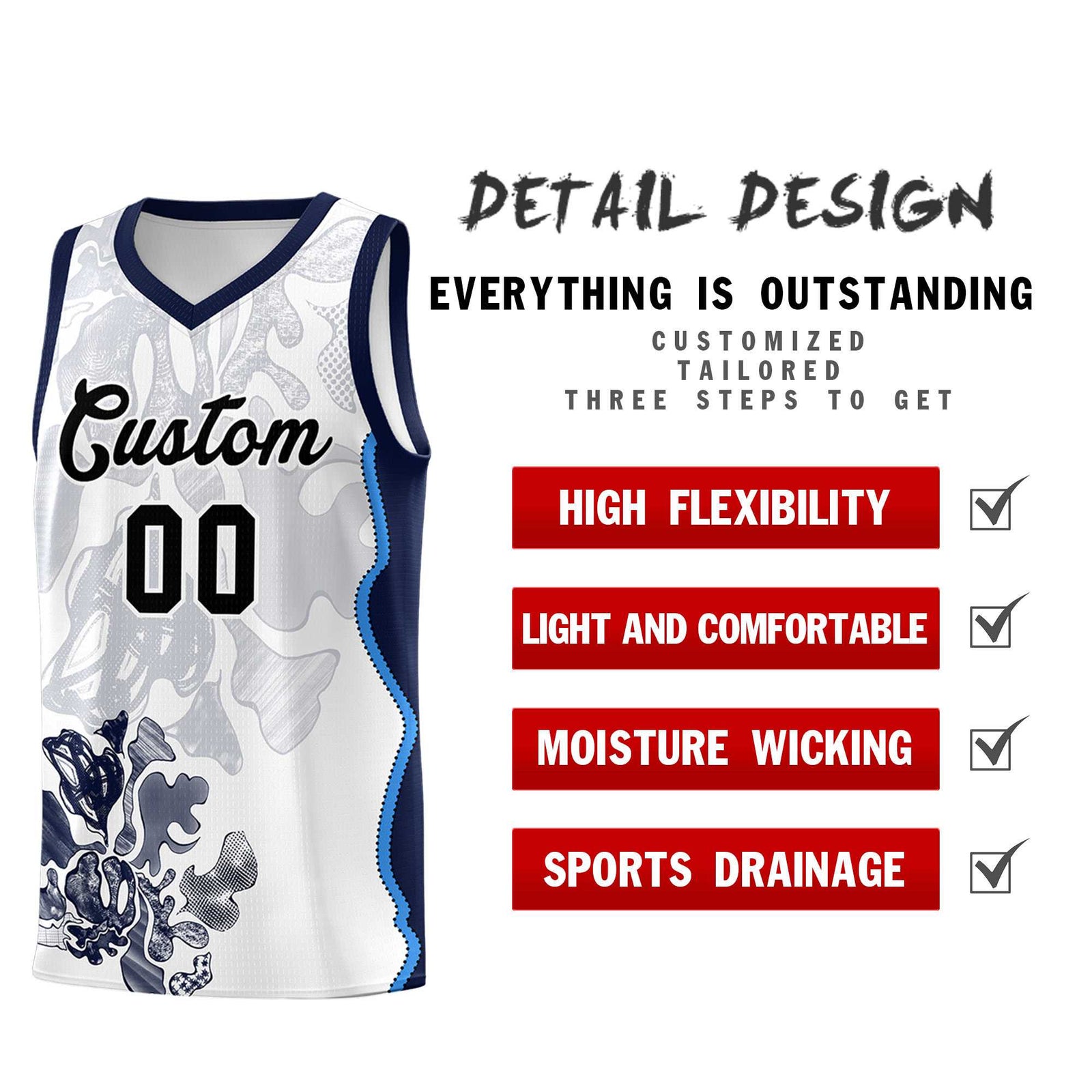 Custom White Navy Basketball Jersey - Illusion Flower Graffiti Breathable Fabric