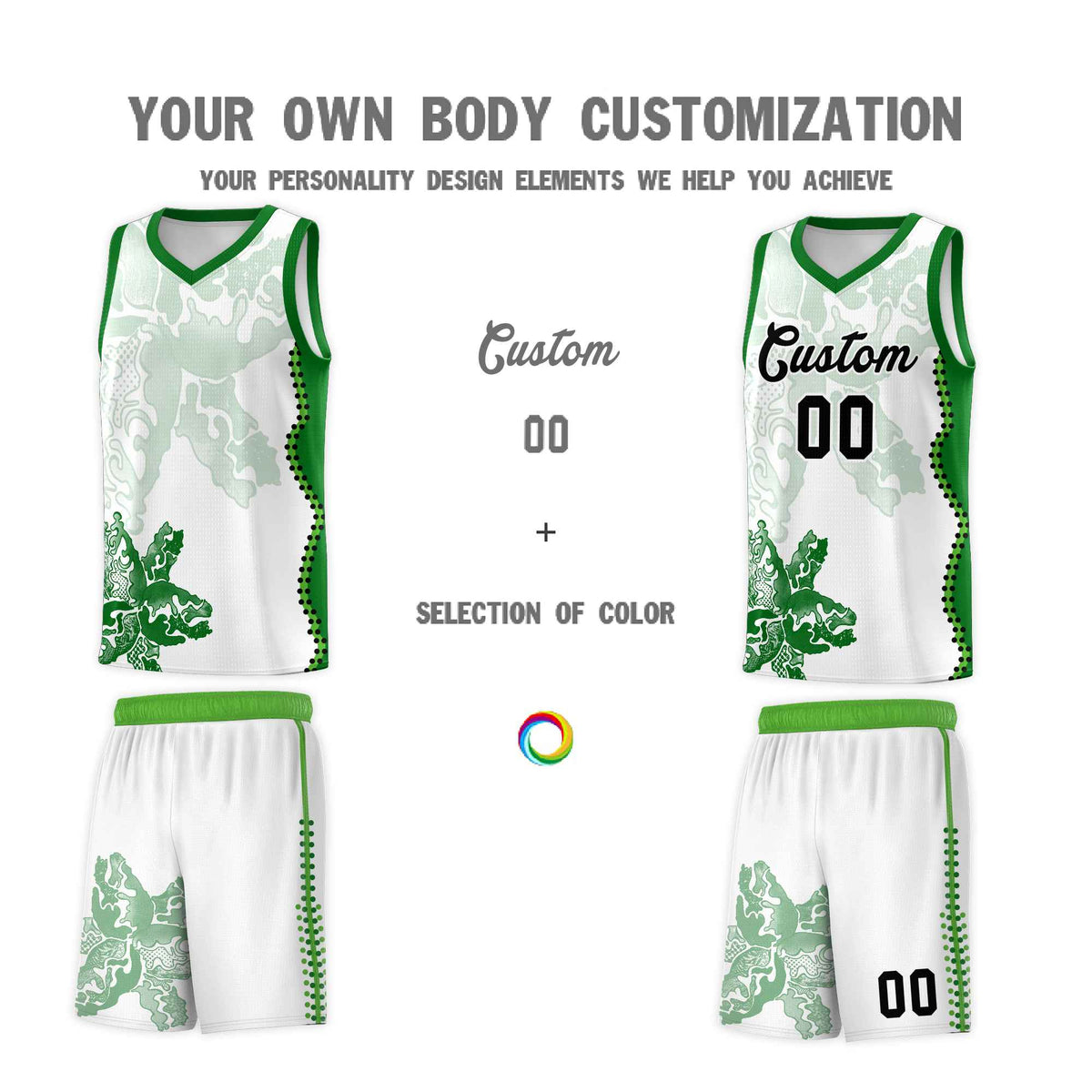 Custom White Kelly Green Basketball Jersey - Illusion Flower Graffiti Moisture wicking Fabric