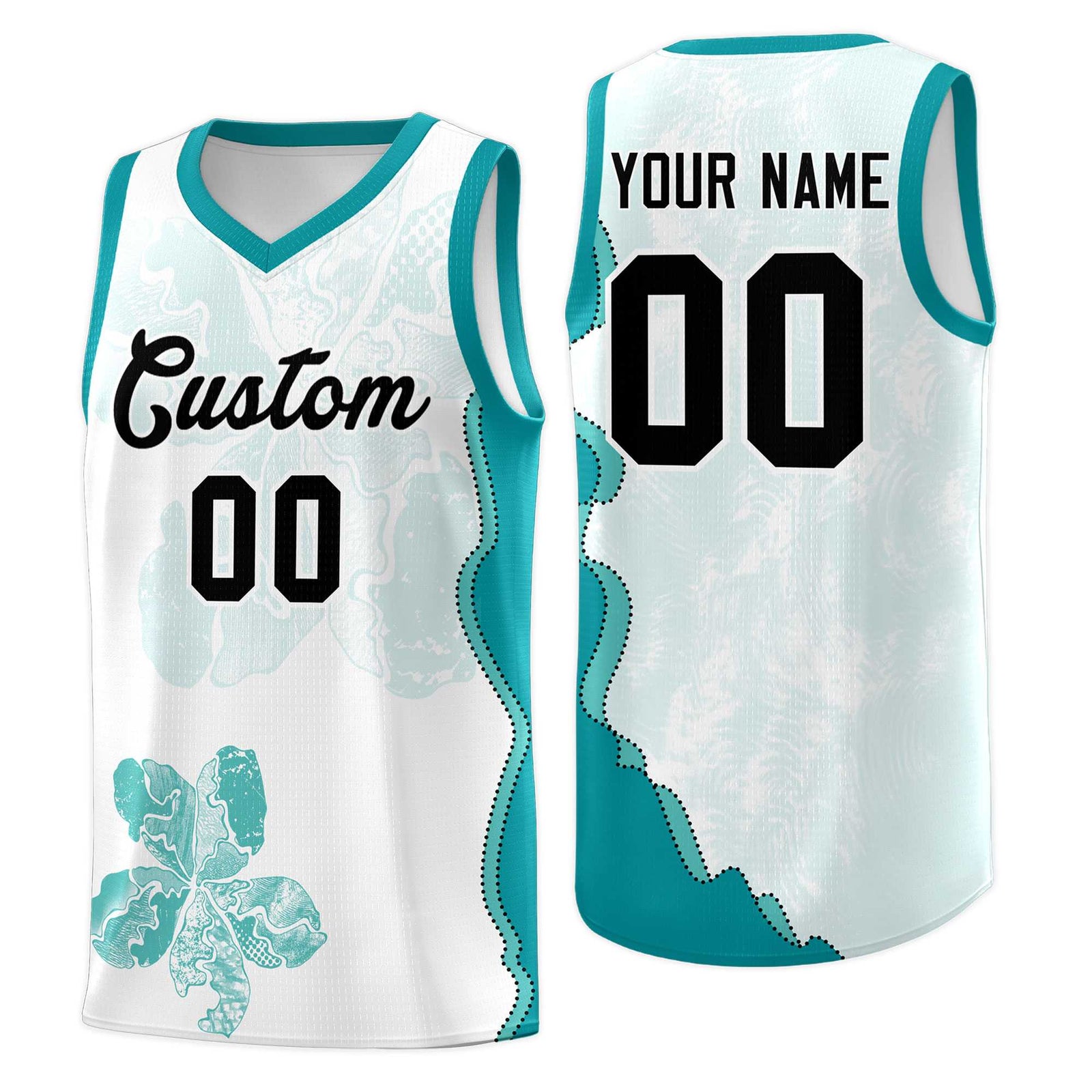 Custom White Teal Basketball Jersey - Illusion Flower Graffiti Lightweight Fabric