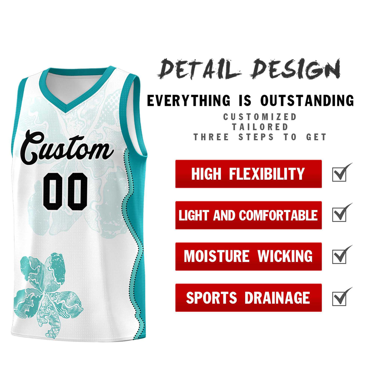 Custom White Teal Basketball Jersey - Illusion Flower Graffiti Lightweight Fabric