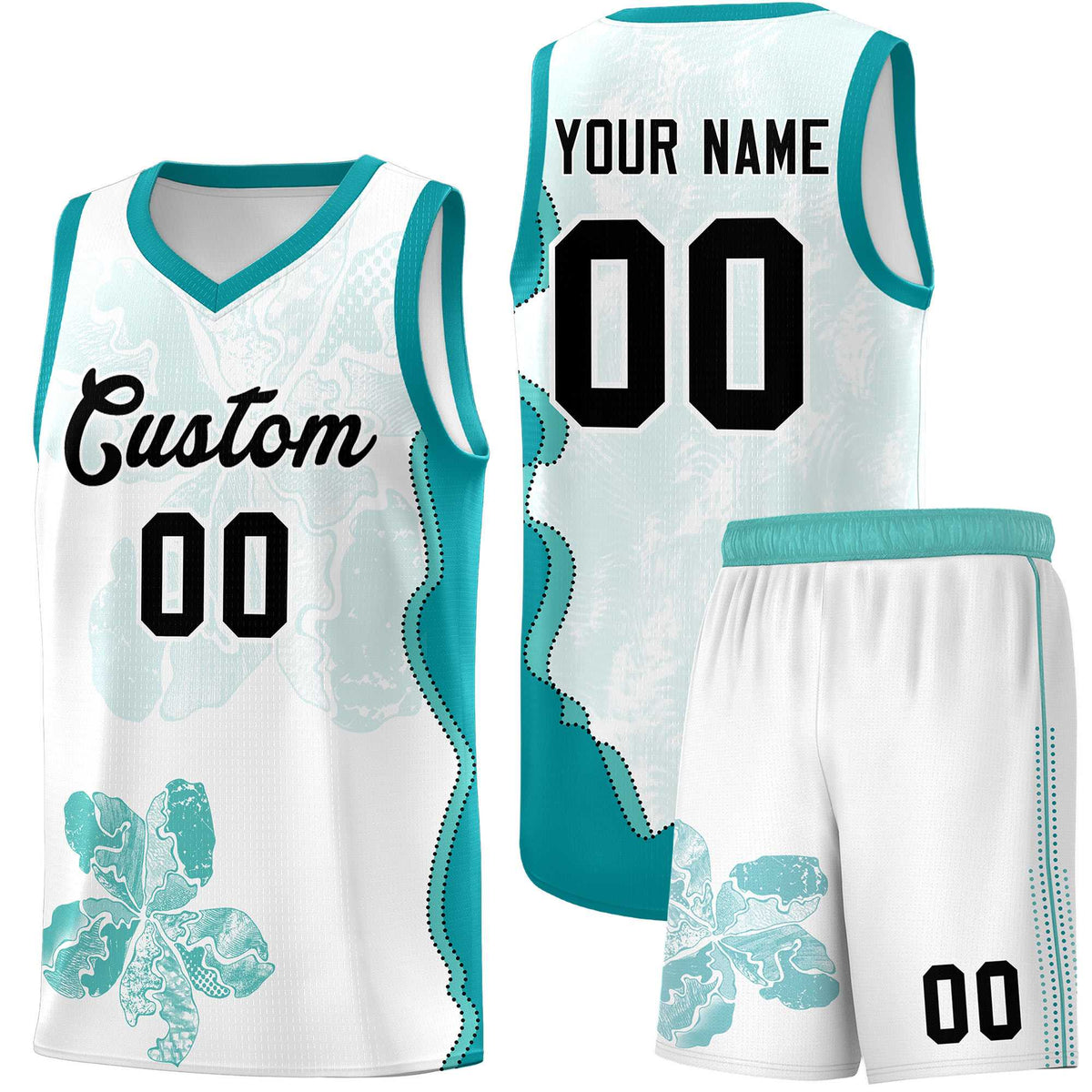 Custom White Teal Basketball Jersey - Illusion Flower Graffiti Lightweight Fabric