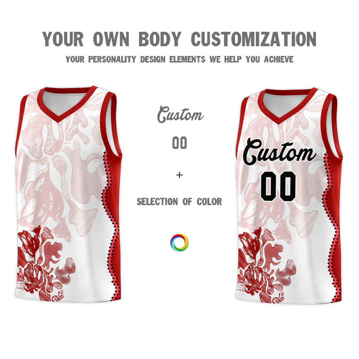Custom White Red Basketball Jersey - Illusion Flower Graffiti Stretchy Fabric